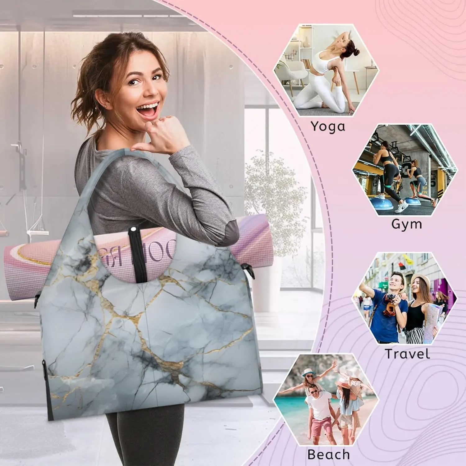 Gym Bag for Women Classic Marble Design Duffel Bag with Shoe Compartment and Yoga Mat Holder Portable Weekender Bags Travel Tote Bags