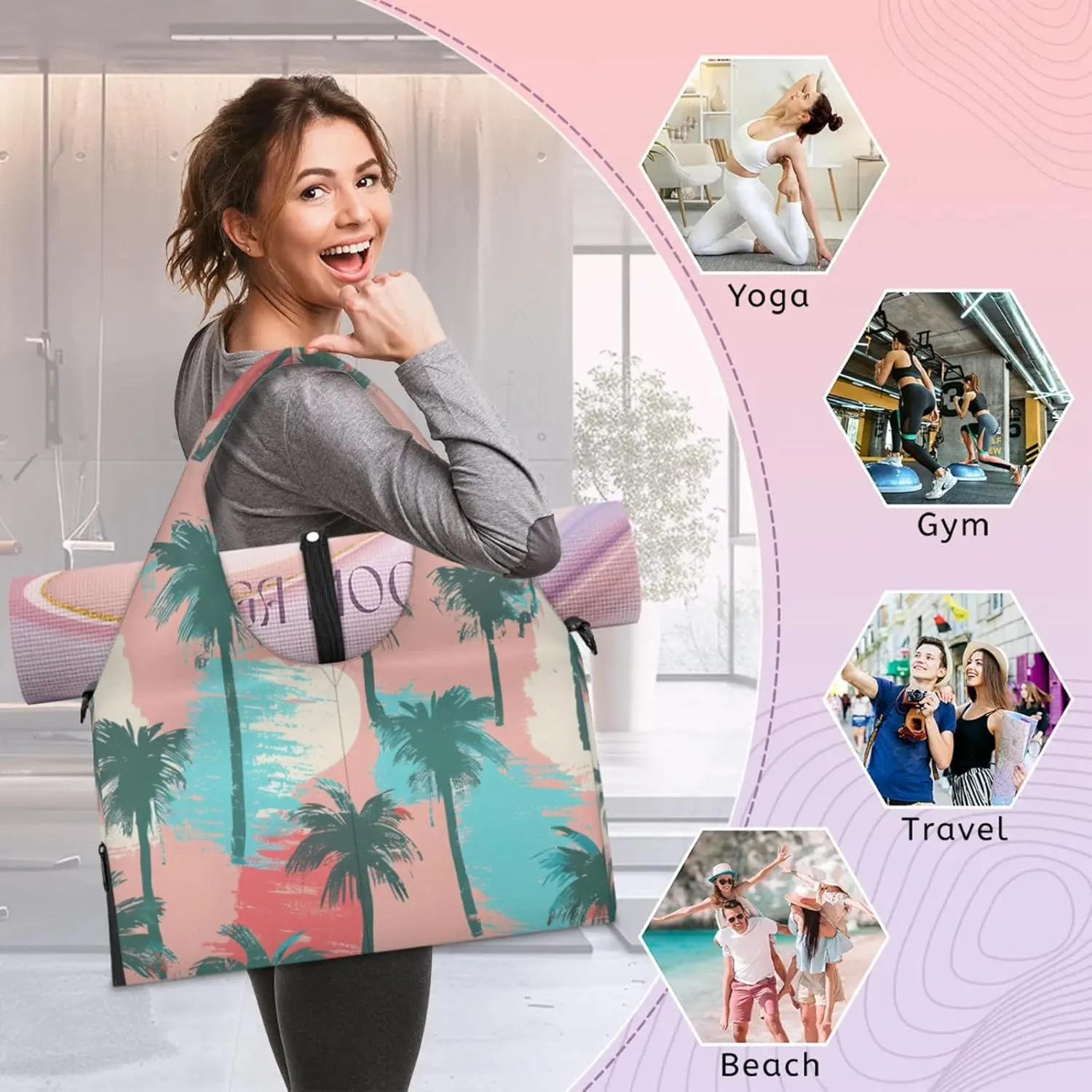 Gym Bag for Women Coconut Trees Theme Duffel Bag with Shoe Compartment and Yoga Mat Holder Portable Weekender Bags Travel Tote Bags