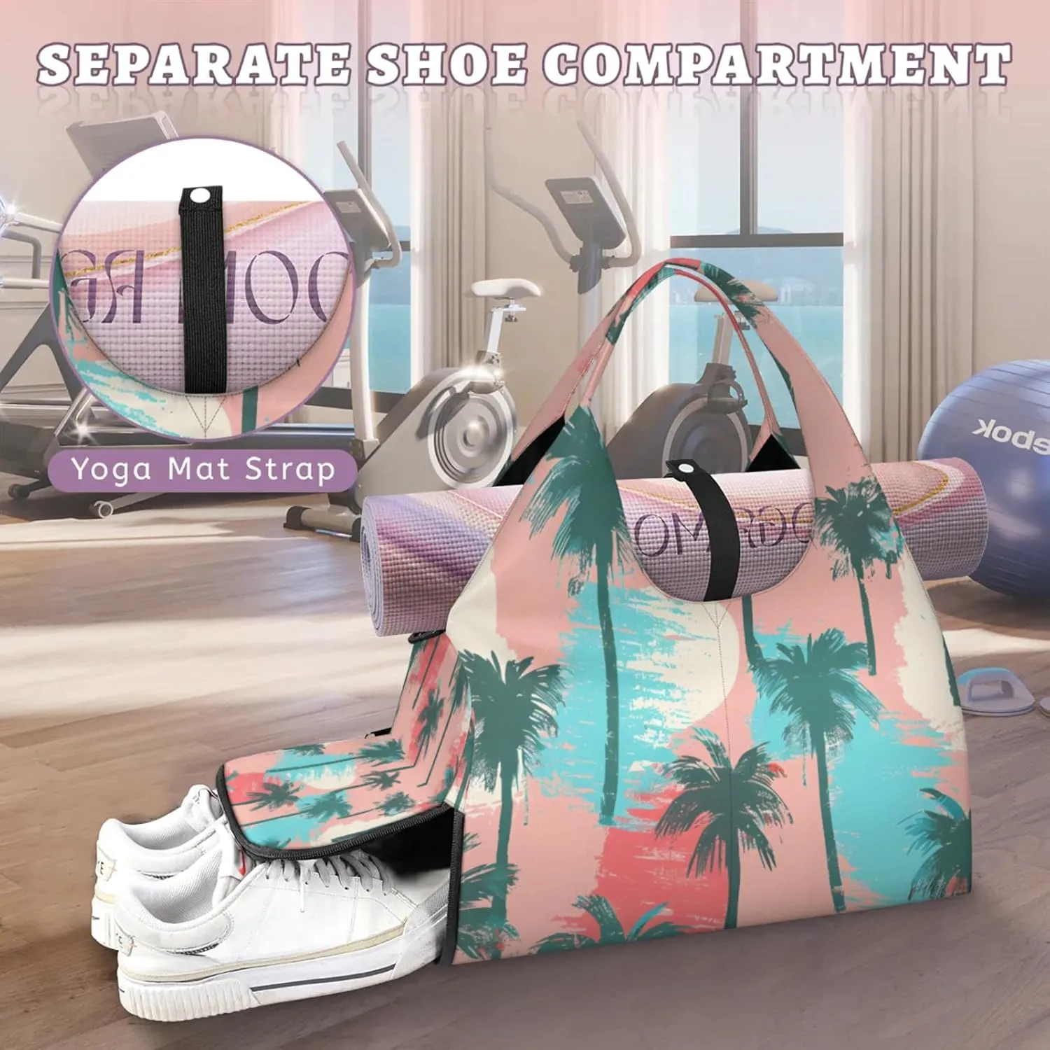 Gym Bag for Women Coconut Trees Theme Duffel Bag with Shoe Compartment and Yoga Mat Holder Portable Weekender Bags Travel Tote Bags