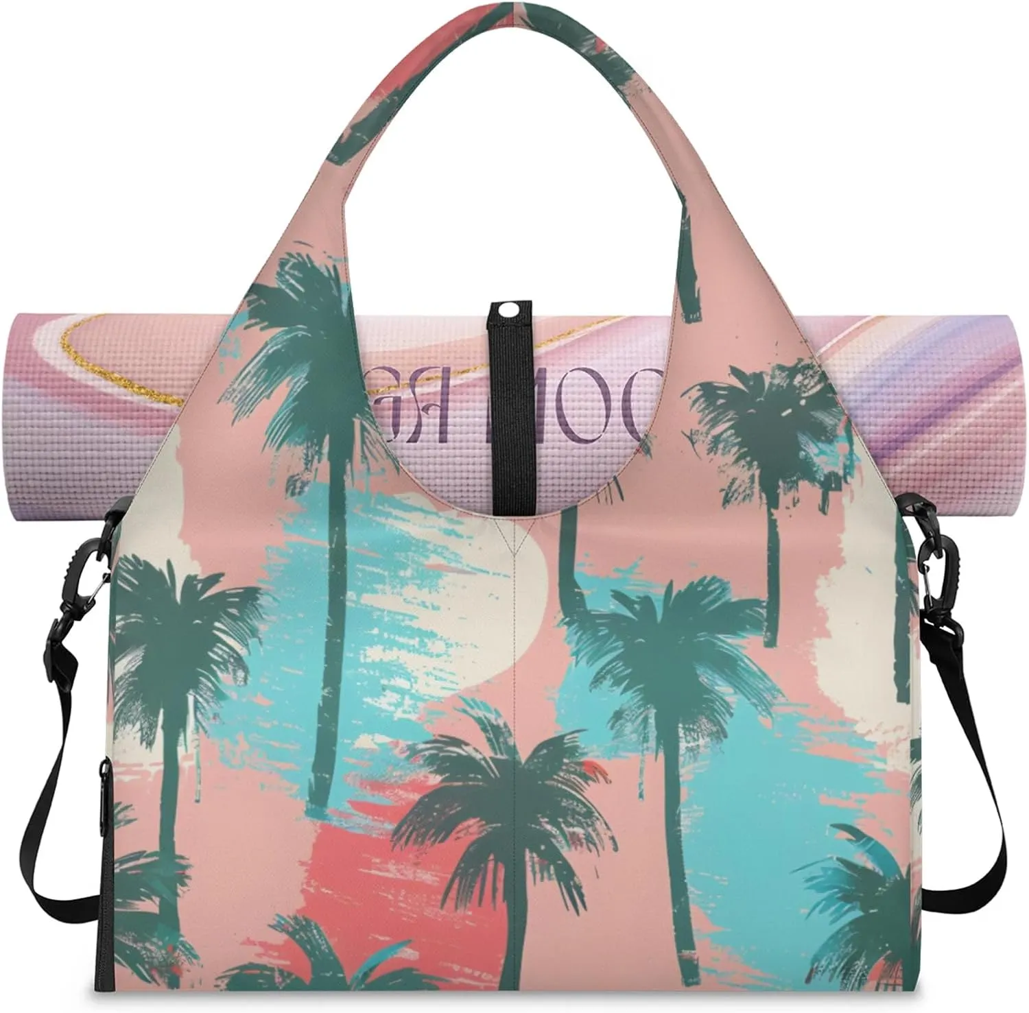 Gym Bag for Women Coconut Trees Theme Duffel Bag with Shoe Compartment and Yoga Mat Holder Portable Weekender Bags Travel Tote Bags