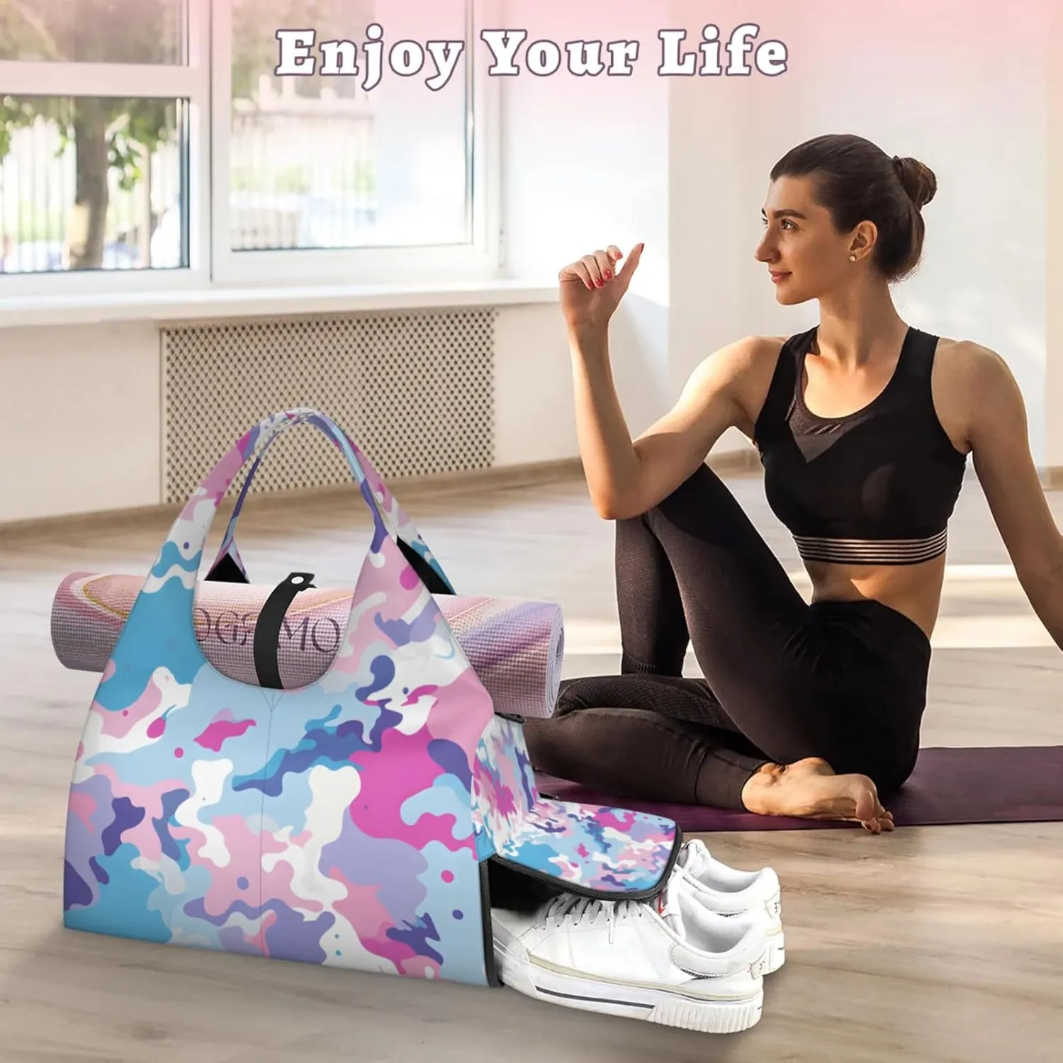 Gym Bag for Women Colorful Camo Duffel Bag with Shoe Compartment and Yoga Mat Holder Portable Weekender Bags Travel Tote Bags