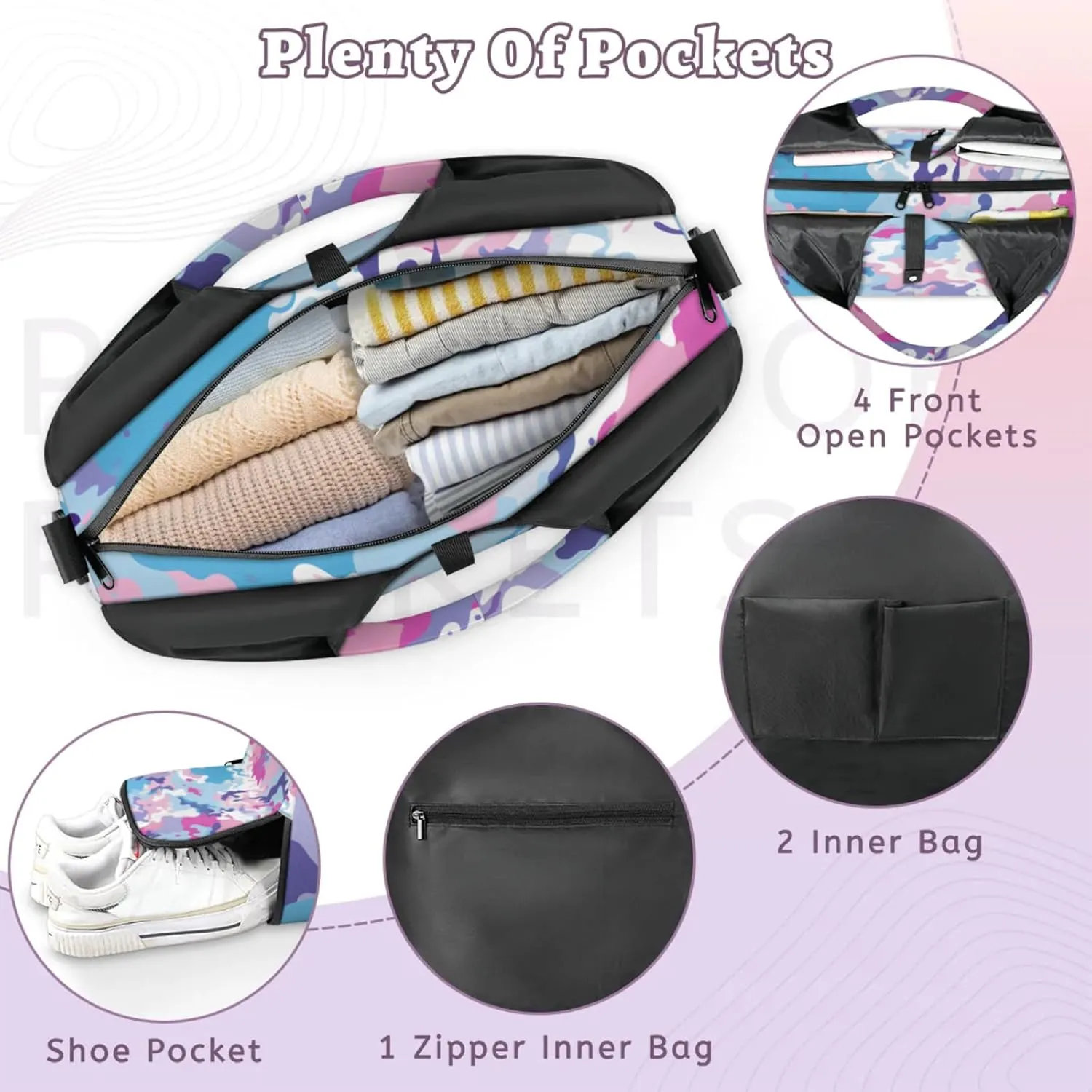 Gym Bag for Women Colorful Camo Duffel Bag with Shoe Compartment and Yoga Mat Holder Portable Weekender Bags Travel Tote Bags