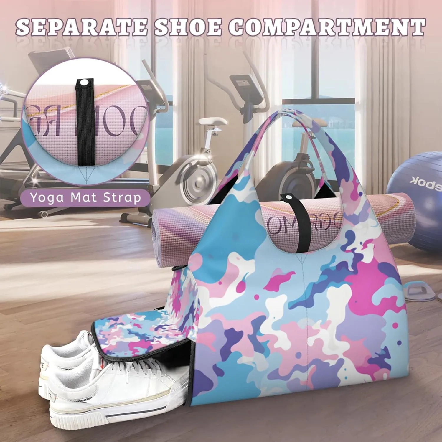 Gym Bag for Women Colorful Camo Duffel Bag with Shoe Compartment and Yoga Mat Holder Portable Weekender Bags Travel Tote Bags