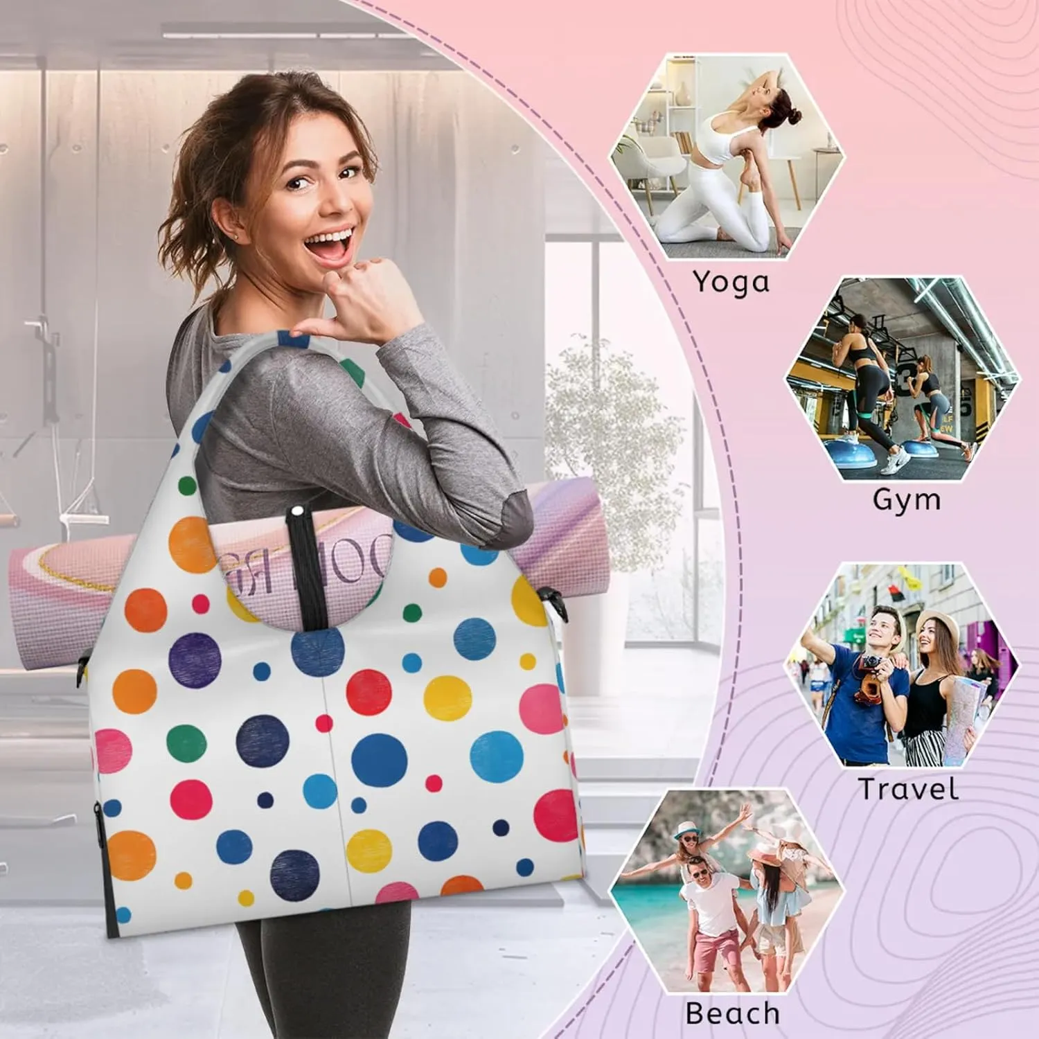 Gym Bag for Women Colorful Dots Print Duffel Bag with Shoe Compartment and Yoga Mat Holder Portable Weekender Bags Travel Tote Bags