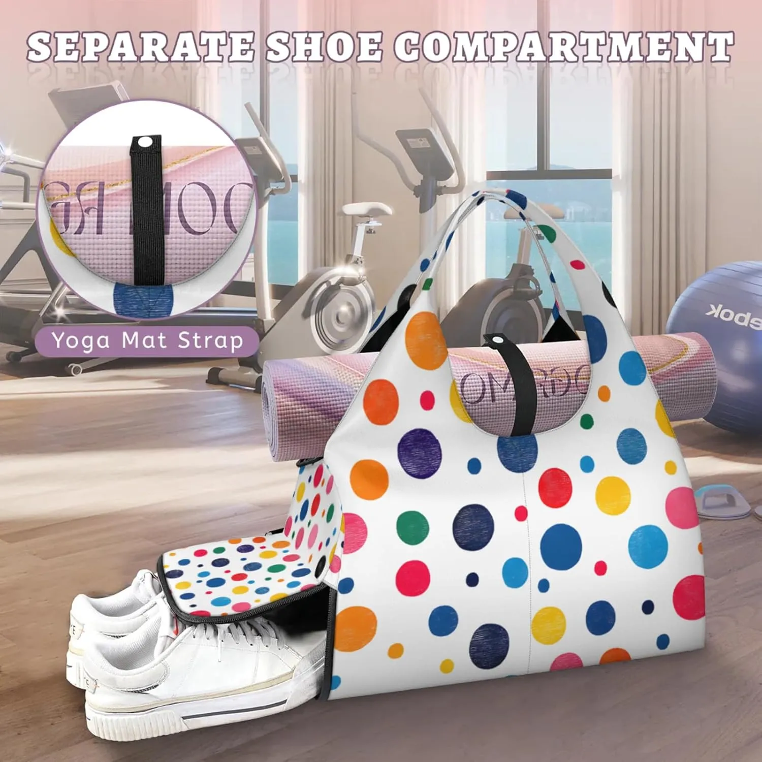 Gym Bag for Women Colorful Dots Print Duffel Bag with Shoe Compartment and Yoga Mat Holder Portable Weekender Bags Travel Tote Bags