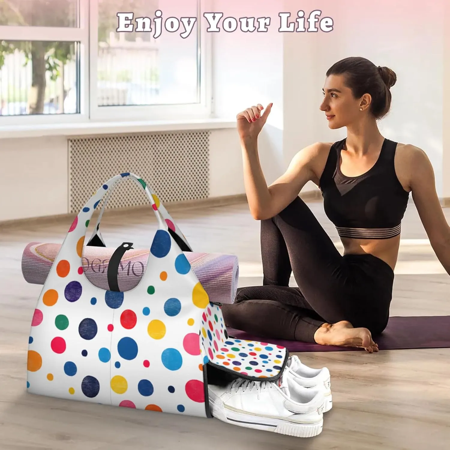 Gym Bag for Women Colorful Dots Print Duffel Bag with Shoe Compartment and Yoga Mat Holder Portable Weekender Bags Travel Tote Bags