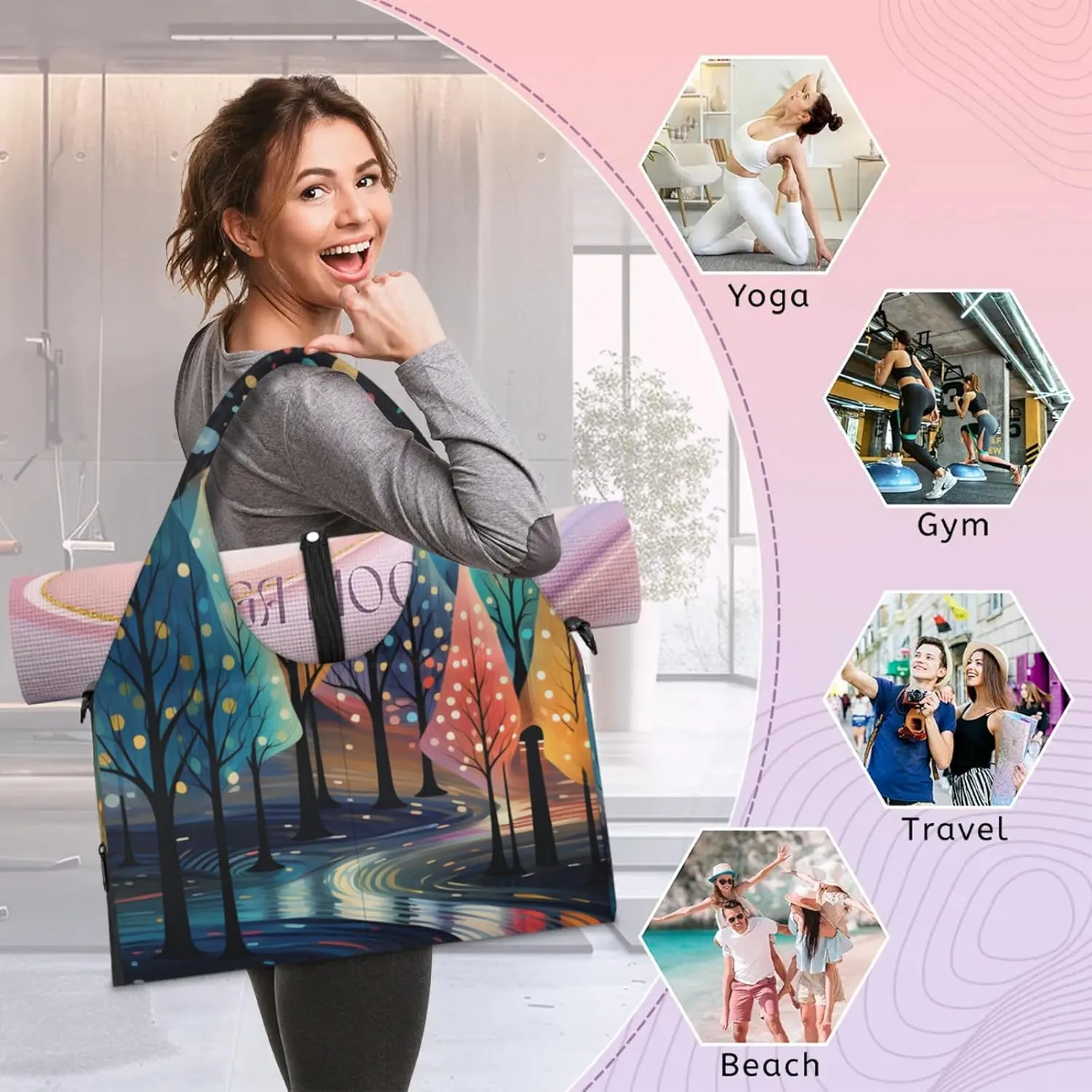 Gym Bag for Women Colorful Trees Duffel Bag with Shoe Compartment and Yoga Mat Holder Portable Weekender Bags Travel Tote Bags