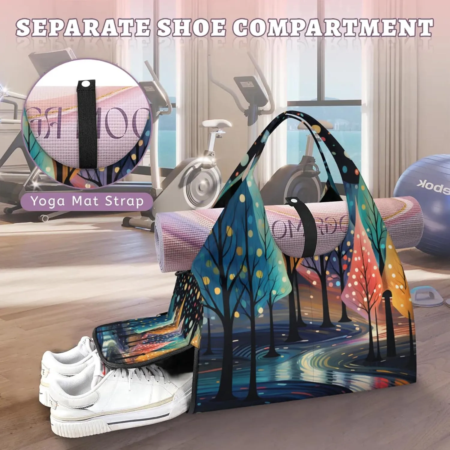 Gym Bag for Women Colorful Trees Duffel Bag with Shoe Compartment and Yoga Mat Holder Portable Weekender Bags Travel Tote Bags