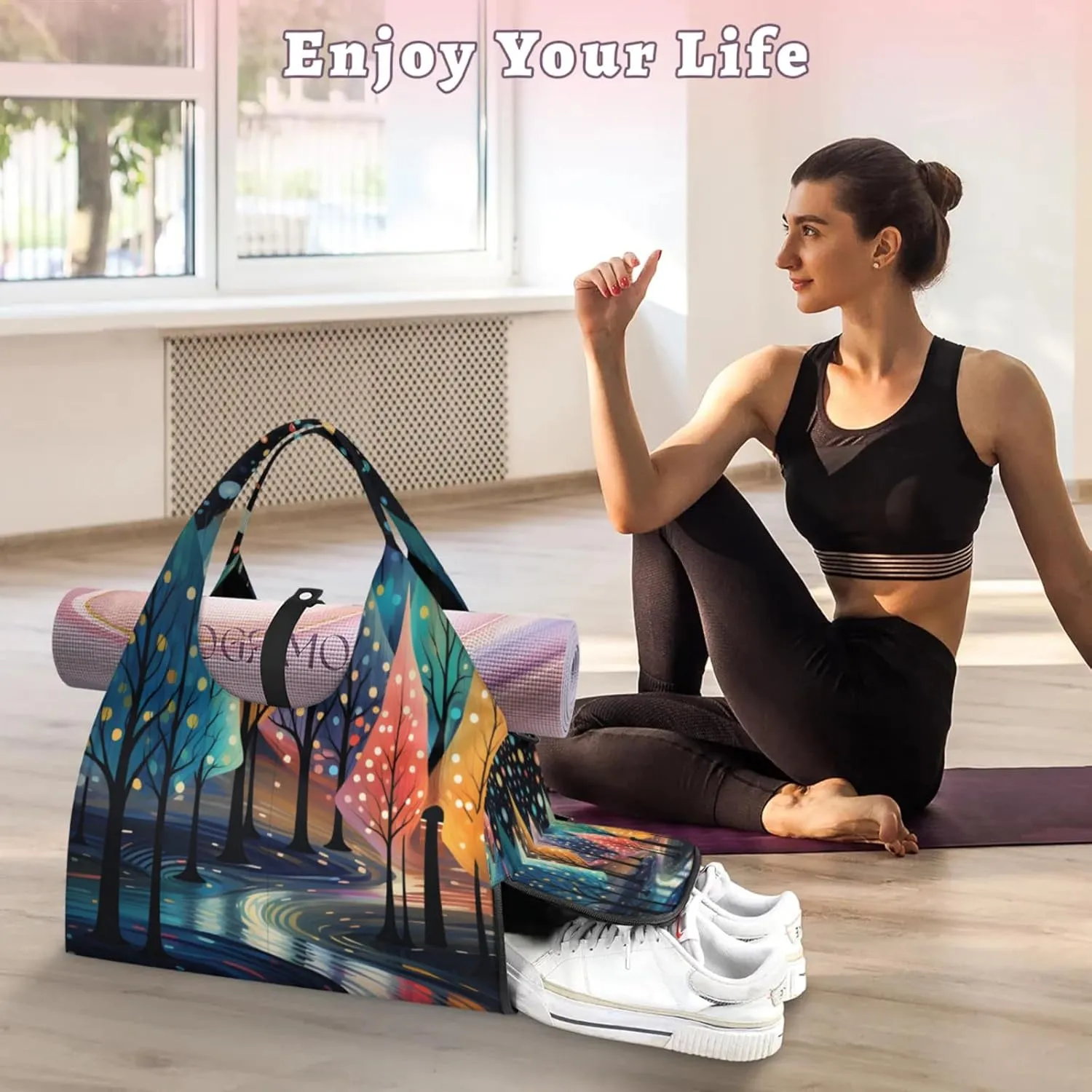 Gym Bag for Women Colorful Trees Duffel Bag with Shoe Compartment and Yoga Mat Holder Portable Weekender Bags Travel Tote Bags