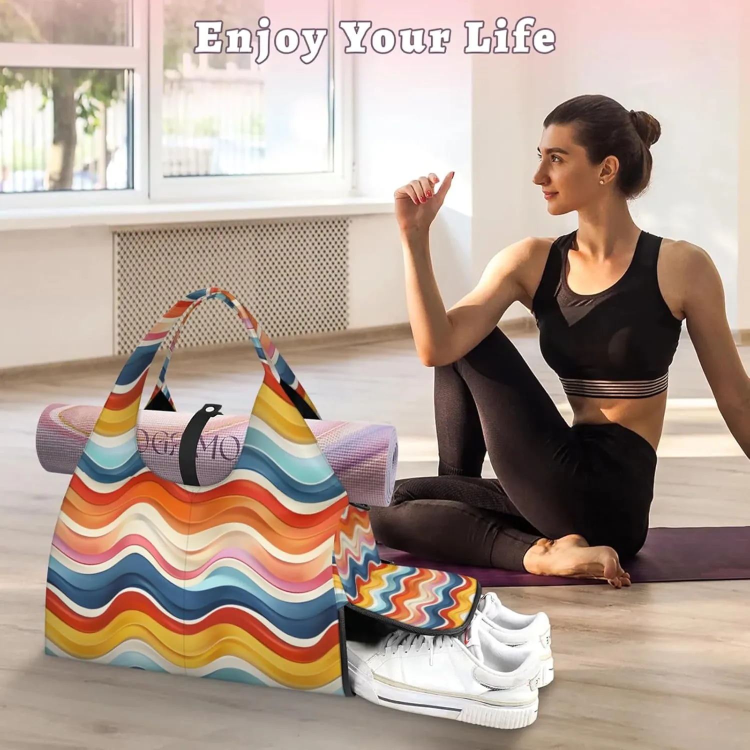 Gym Bag for Women Colorful Wavy Line Duffel Bag with Shoe Compartment and Yoga Mat Holder Portable Weekender Bags Travel Tote Bags