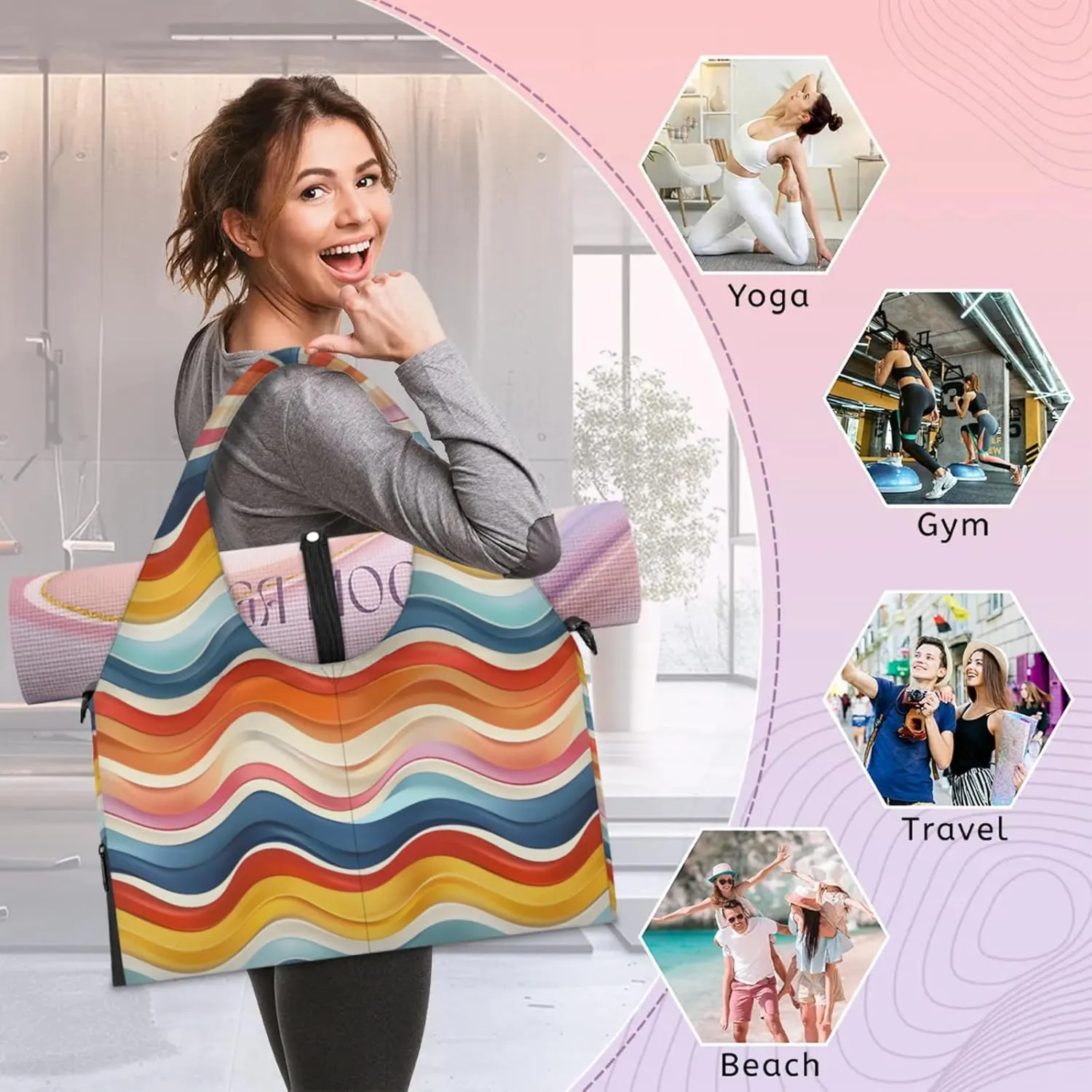 Gym Bag for Women Colorful Wavy Line Duffel Bag with Shoe Compartment and Yoga Mat Holder Portable Weekender Bags Travel Tote Bags