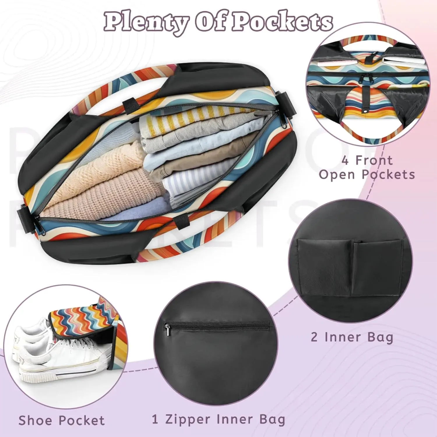 Gym Bag for Women Colorful Wavy Line Duffel Bag with Shoe Compartment and Yoga Mat Holder Portable Weekender Bags Travel Tote Bags