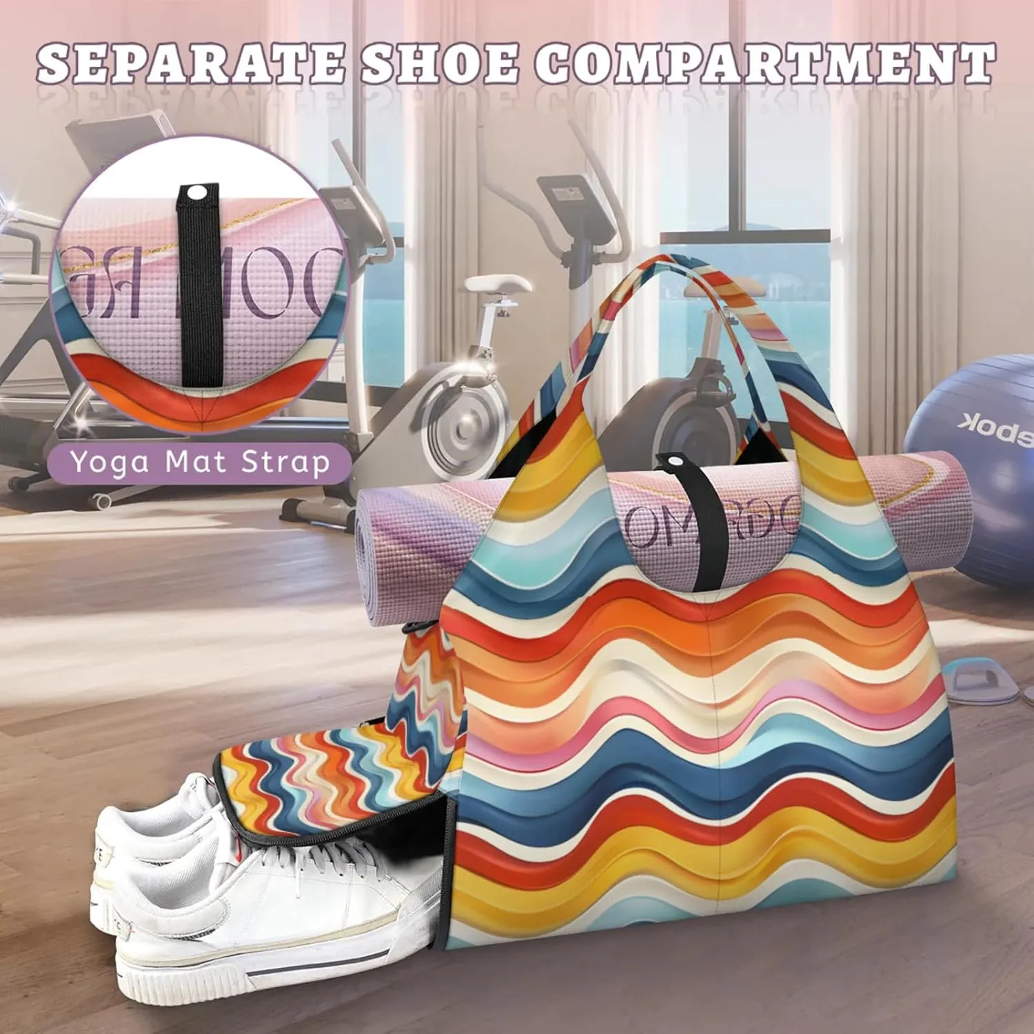 Gym Bag for Women Colorful Wavy Line Duffel Bag with Shoe Compartment and Yoga Mat Holder Portable Weekender Bags Travel Tote Bags