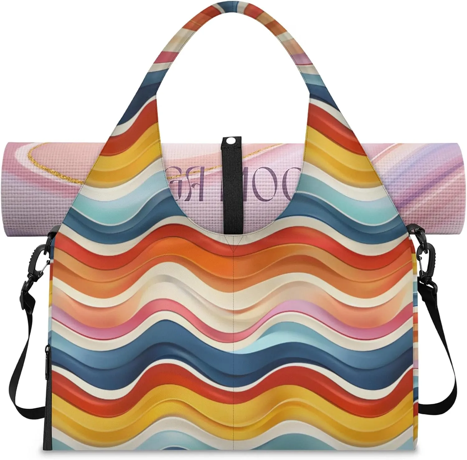 Gym Bag for Women Colorful Wavy Line Duffel Bag with Shoe Compartment and Yoga Mat Holder Portable Weekender Bags Travel Tote Bags