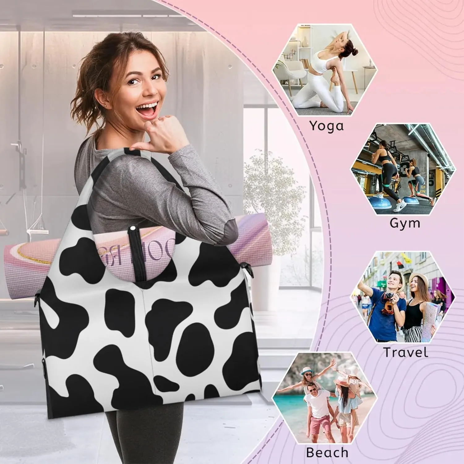 Gym Bag for Women Cow Pattern Duffel Bag with Shoe Compartment and Yoga Mat Holder Portable Weekender Bags Travel Tote Bags