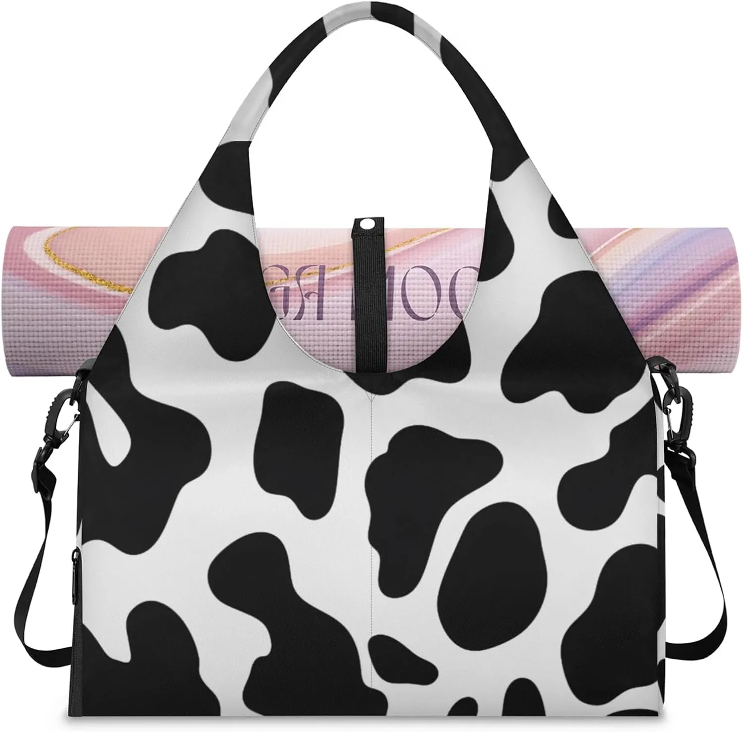 Gym Bag for Women Cow Pattern Duffel Bag with Shoe Compartment and Yoga Mat Holder Portable Weekender Bags Travel Tote Bags