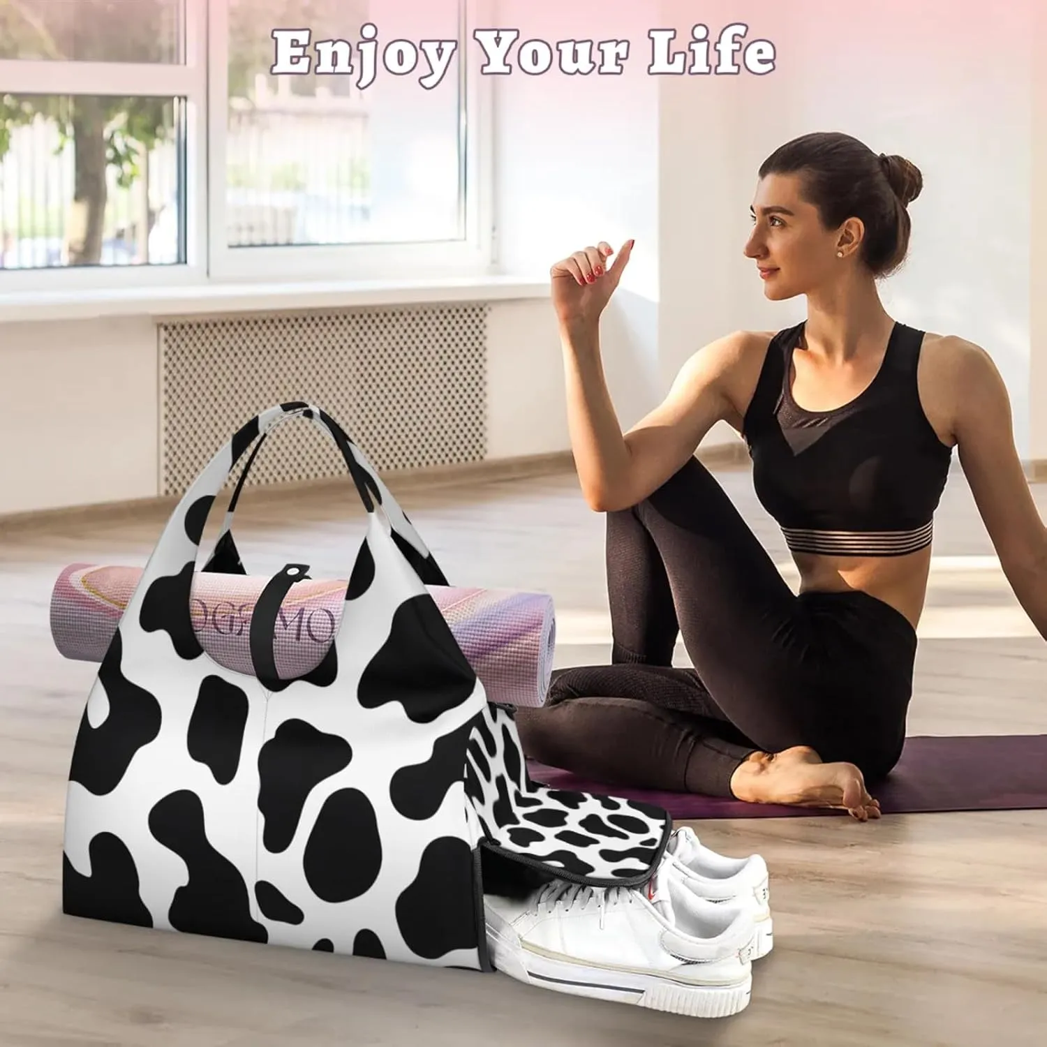 Gym Bag for Women Cow Pattern Duffel Bag with Shoe Compartment and Yoga Mat Holder Portable Weekender Bags Travel Tote Bags