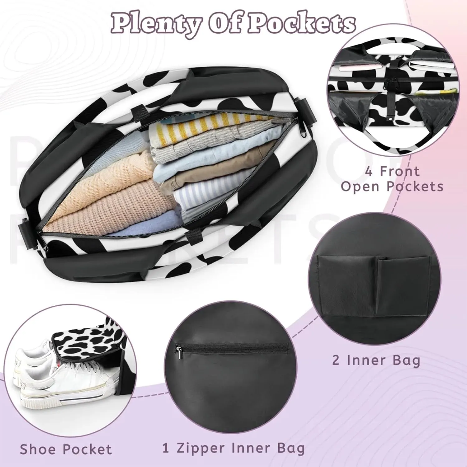 Gym Bag for Women Cow Pattern Duffel Bag with Shoe Compartment and Yoga Mat Holder Portable Weekender Bags Travel Tote Bags