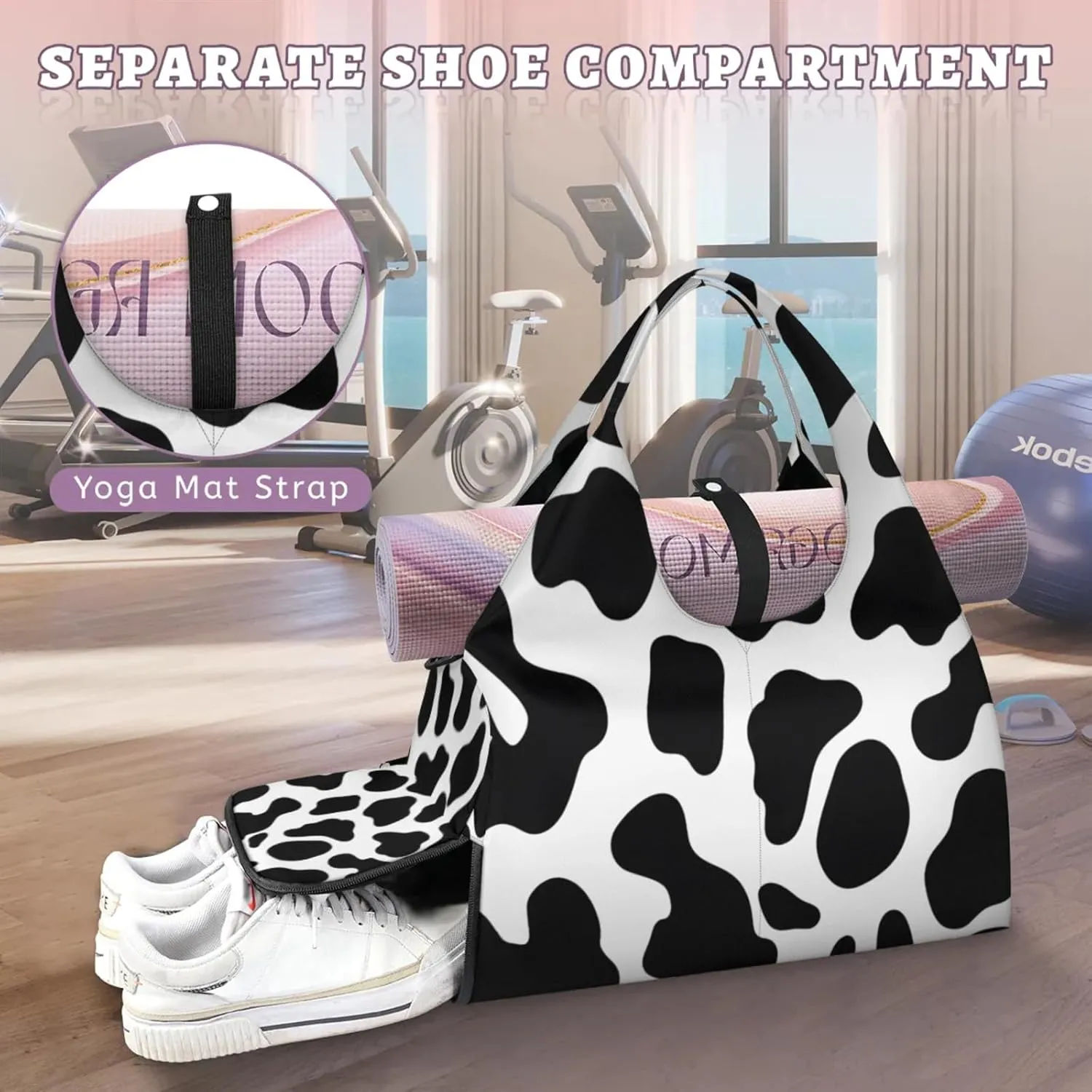 Gym Bag for Women Cow Pattern Duffel Bag with Shoe Compartment and Yoga Mat Holder Portable Weekender Bags Travel Tote Bags