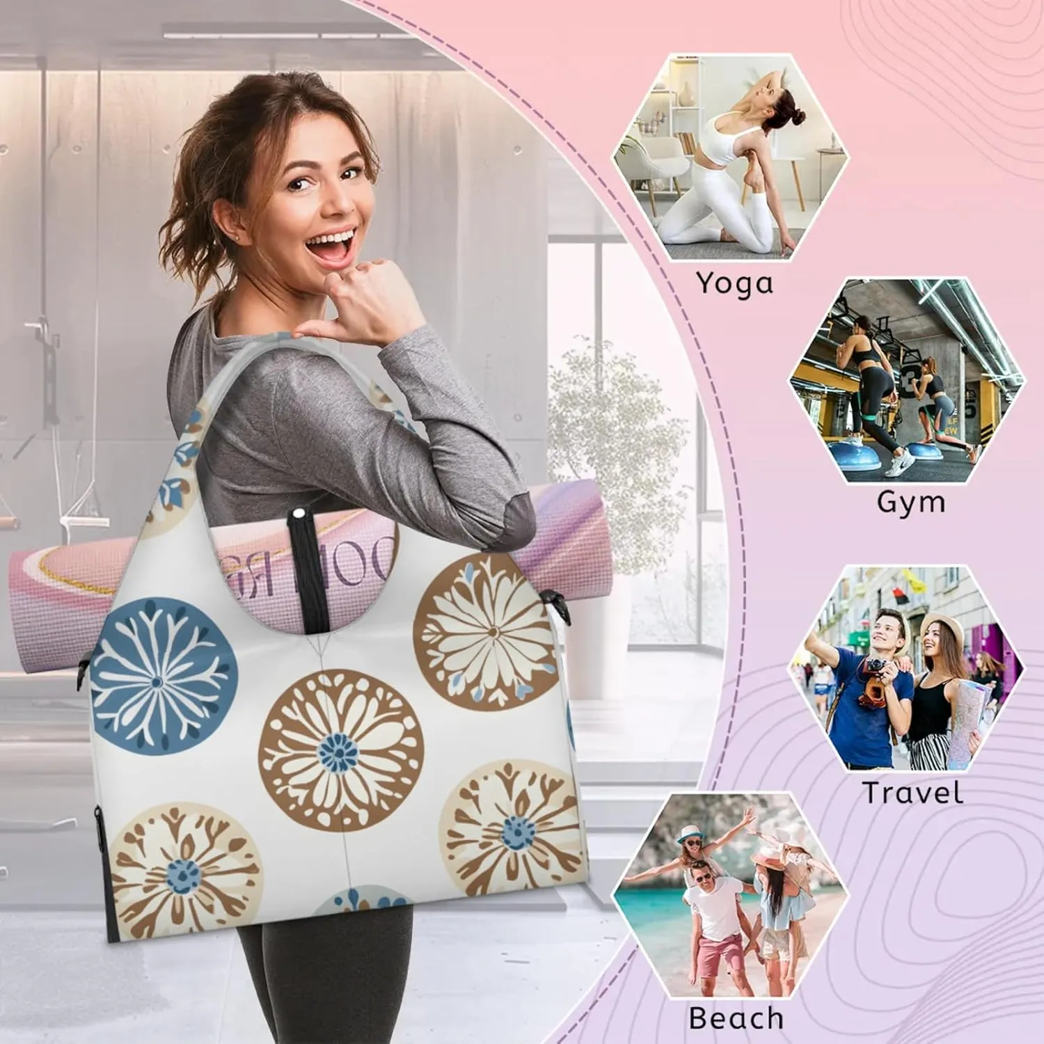 Gym Bag for Women Creative Circle Theme Duffel Bag with Shoe Compartment and Yoga Mat Holder Portable Weekender Bags Travel Tote Bags