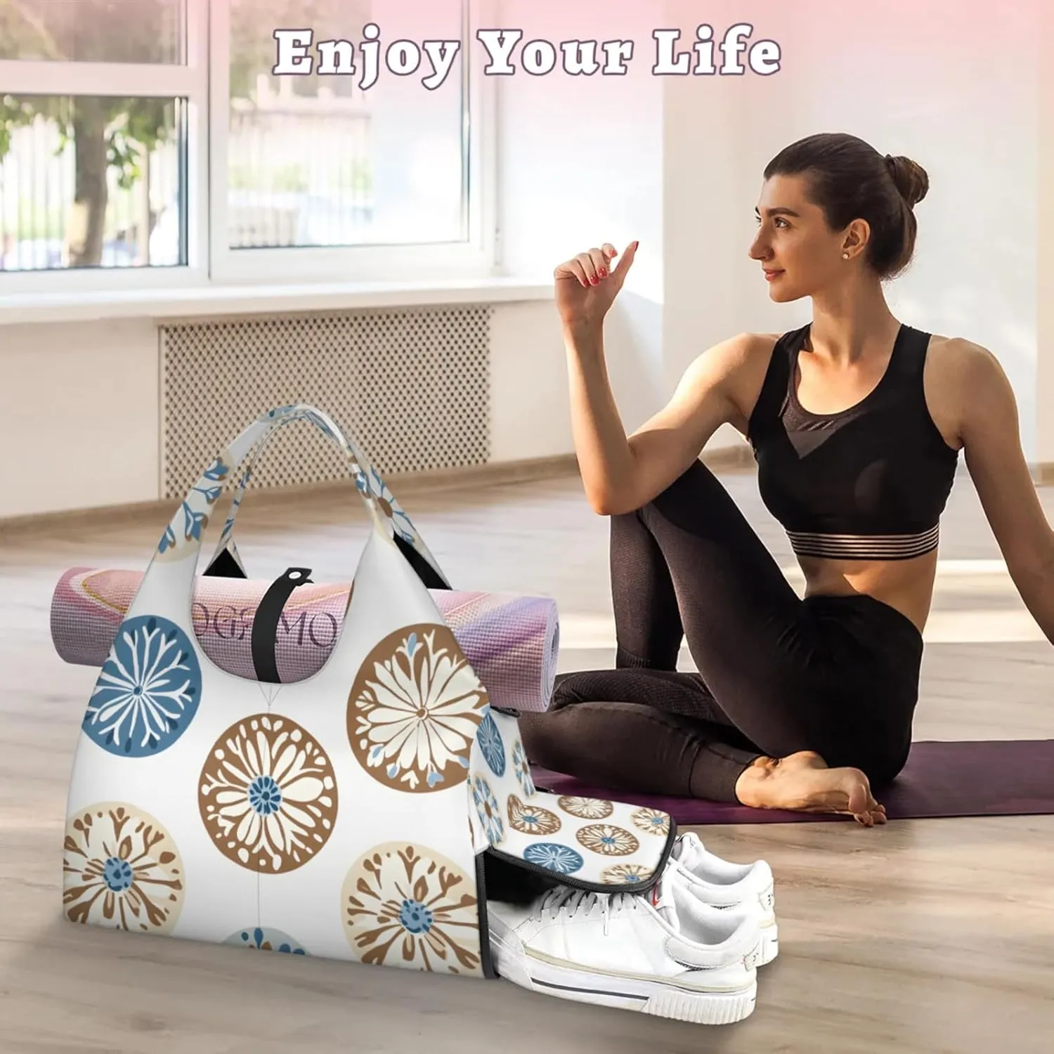 Gym Bag for Women Creative Circle Theme Duffel Bag with Shoe Compartment and Yoga Mat Holder Portable Weekender Bags Travel Tote Bags