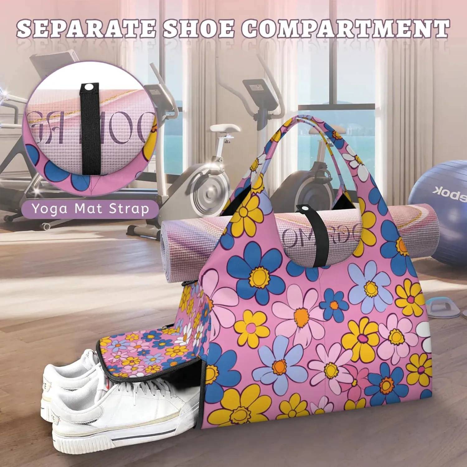 Gym Bag for Women Cute Retro Flower Duffel Bag with Shoe Compartment and Yoga Mat Holder Portable Weekender Bags Travel Tote Bags