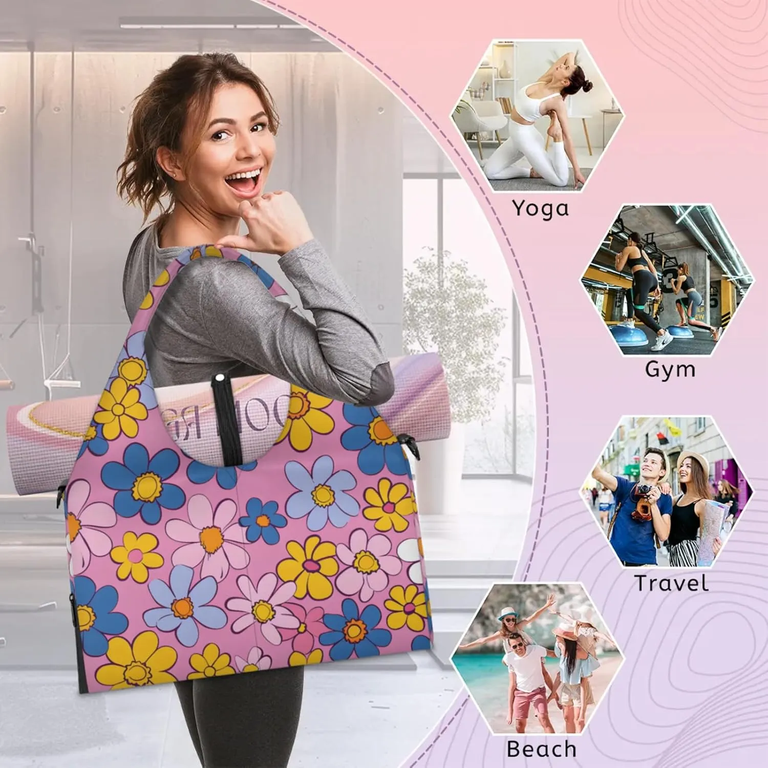 Gym Bag for Women Cute Retro Flower Duffel Bag with Shoe Compartment and Yoga Mat Holder Portable Weekender Bags Travel Tote Bags
