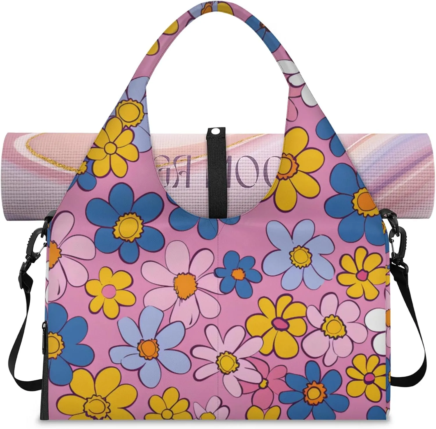 Gym Bag for Women Cute Retro Flower Duffel Bag with Shoe Compartment and Yoga Mat Holder Portable Weekender Bags Travel Tote Bags