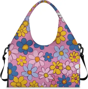 Gym Bag for Women Cute Retro Flower Duffel Bag with Shoe Compartment and Yoga Mat Holder Portable Weekender Bags Travel Tote Bags
