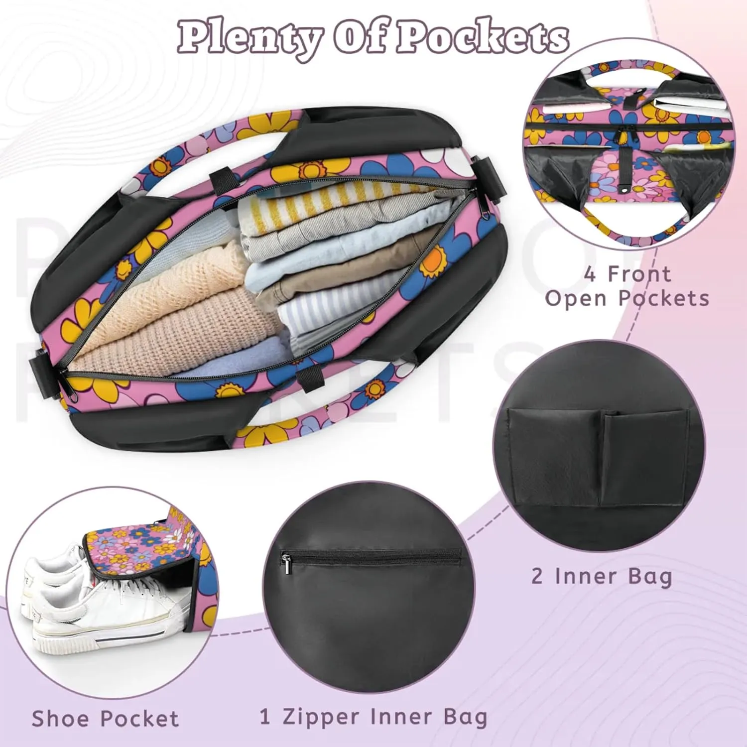 Gym Bag for Women Cute Retro Flower Duffel Bag with Shoe Compartment and Yoga Mat Holder Portable Weekender Bags Travel Tote Bags