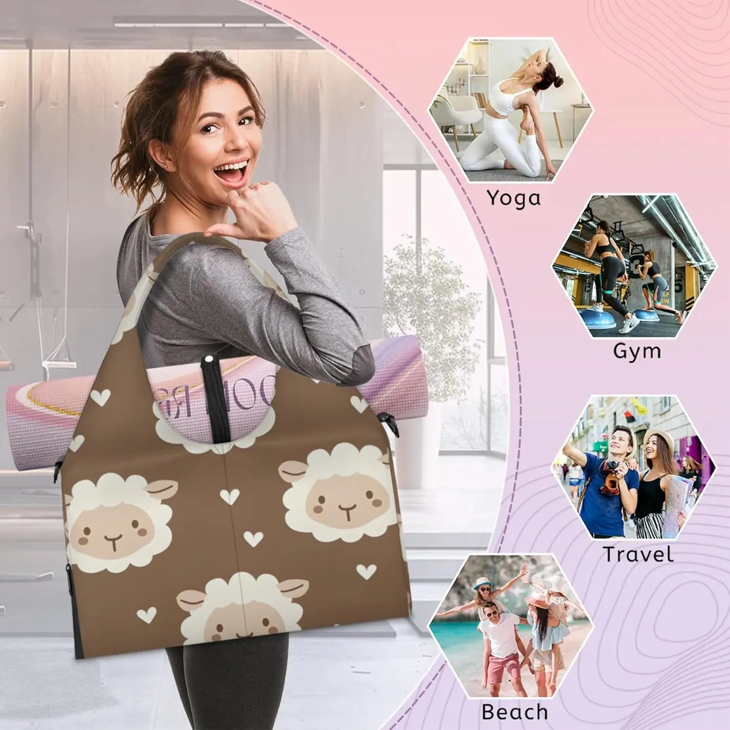 Gym Bag for Women Cute Sheep Heart Duffel Bag with Shoe Compartment and Yoga Mat Holder Portable Weekender Bags Travel Tote Bags