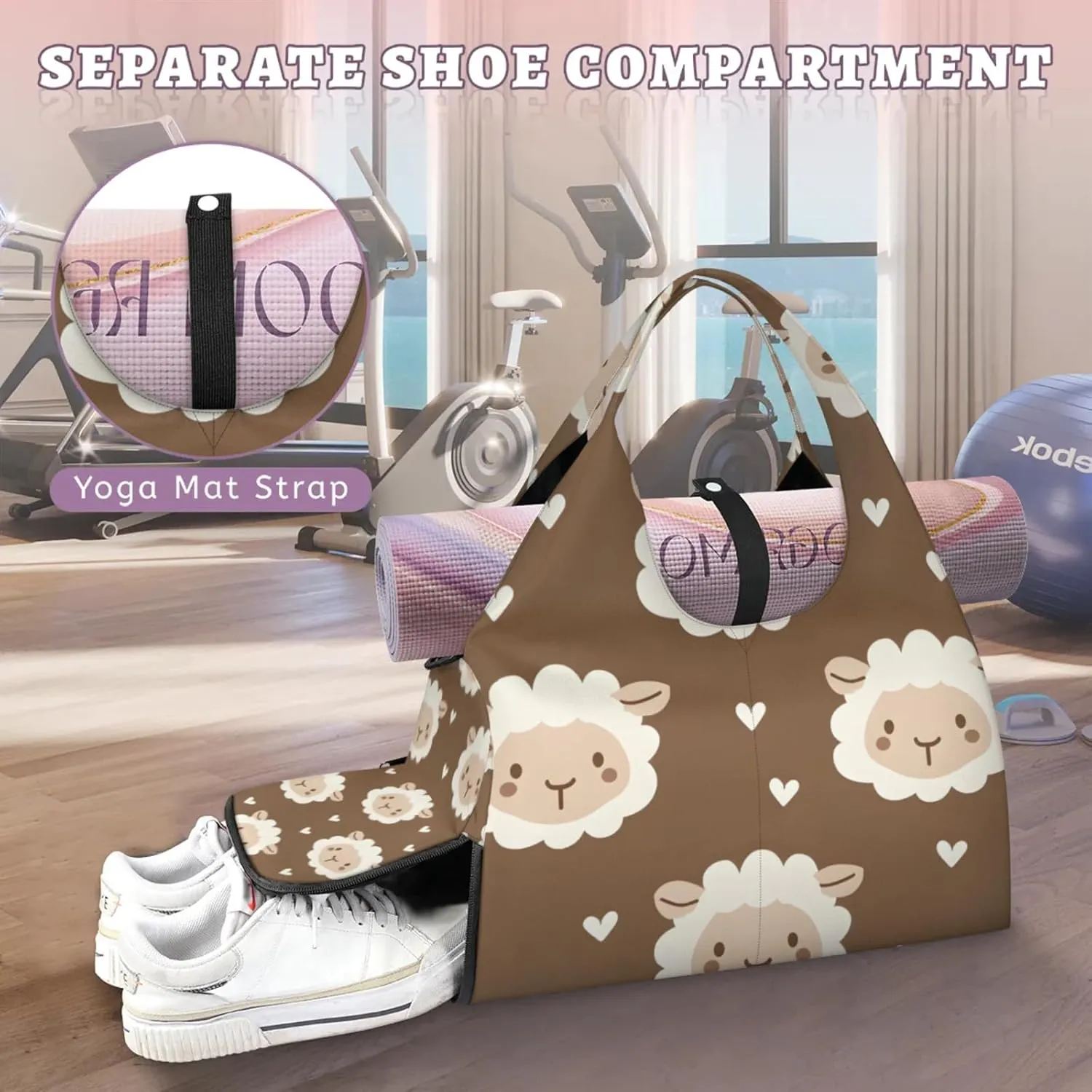Gym Bag for Women Cute Sheep Heart Duffel Bag with Shoe Compartment and Yoga Mat Holder Portable Weekender Bags Travel Tote Bags