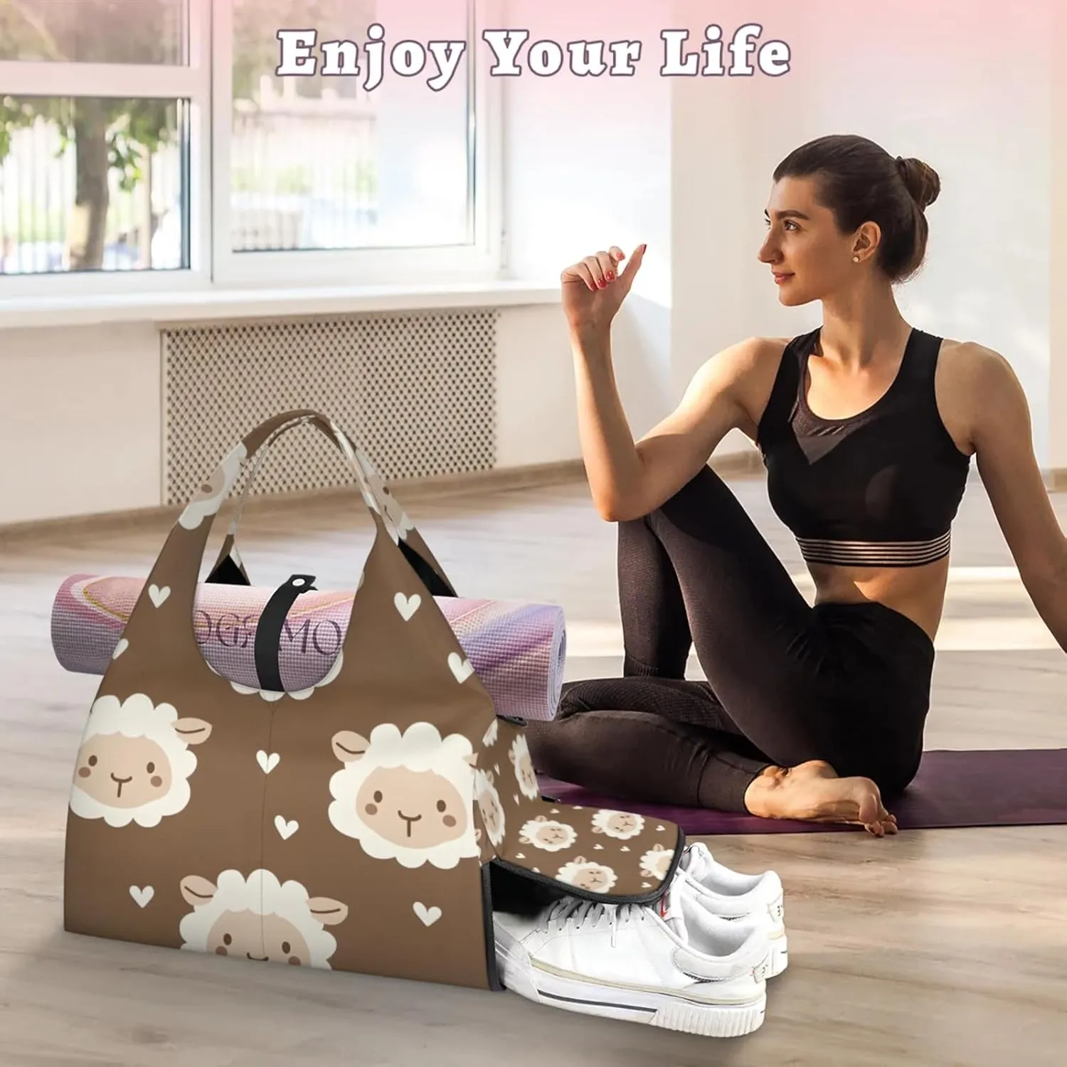 Gym Bag for Women Cute Sheep Heart Duffel Bag with Shoe Compartment and Yoga Mat Holder Portable Weekender Bags Travel Tote Bags