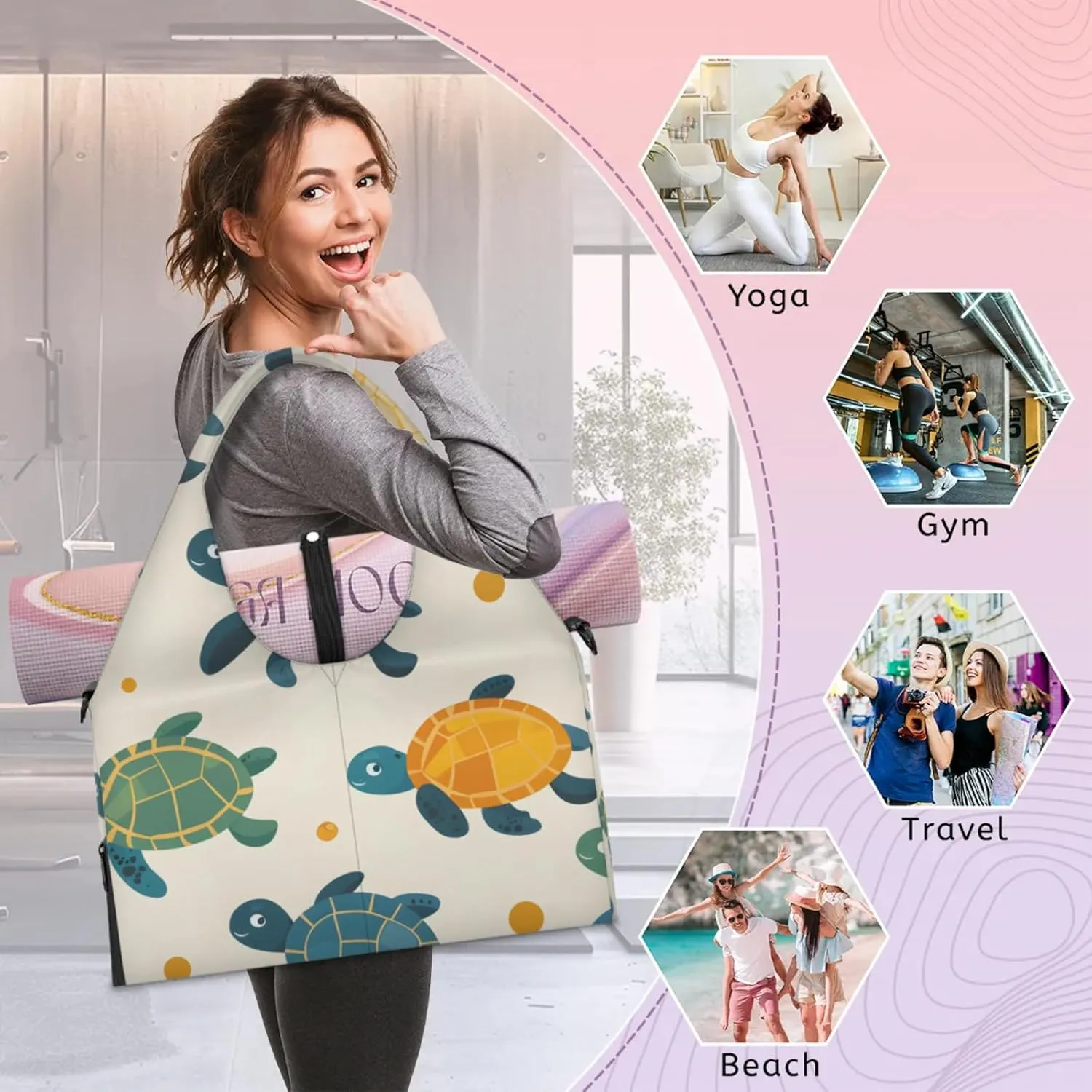 Gym Bag for Women Cute Turtles Print Duffel Bag with Shoe Compartment and Yoga Mat Holder Portable Weekender Bags Travel Tote Bags