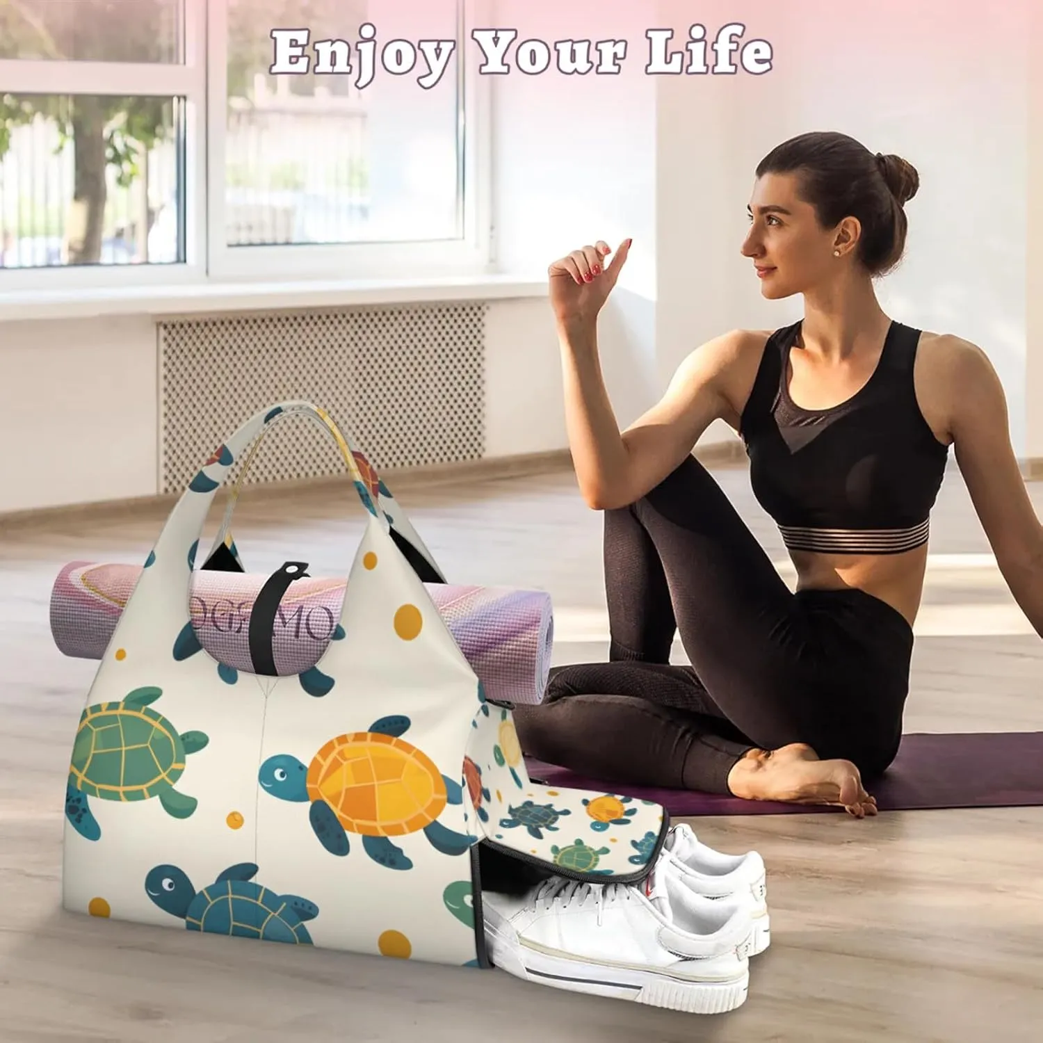 Gym Bag for Women Cute Turtles Print Duffel Bag with Shoe Compartment and Yoga Mat Holder Portable Weekender Bags Travel Tote Bags