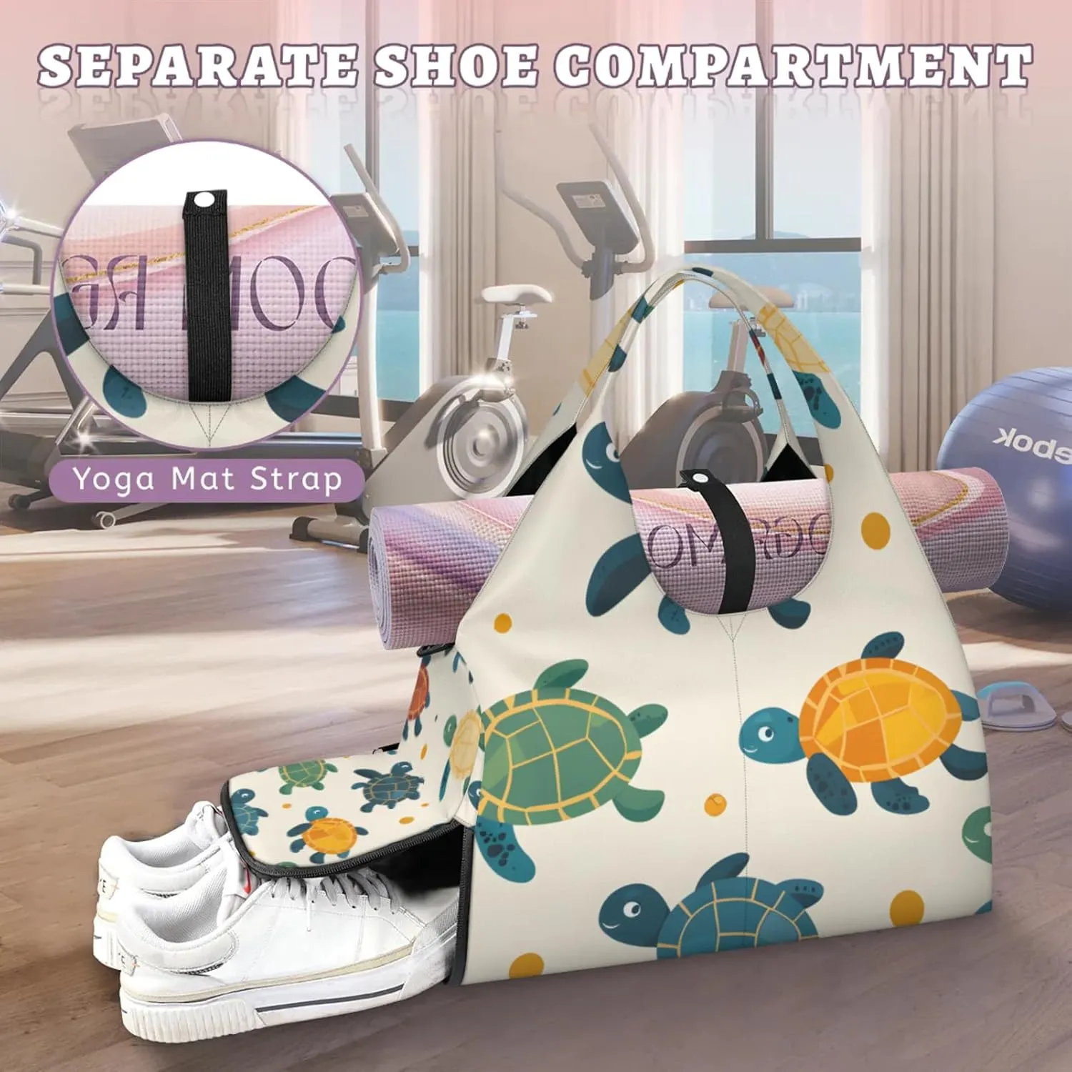 Gym Bag for Women Cute Turtles Print Duffel Bag with Shoe Compartment and Yoga Mat Holder Portable Weekender Bags Travel Tote Bags