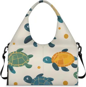 Gym Bag for Women Cute Turtles Print Duffel Bag with Shoe Compartment and Yoga Mat Holder Portable Weekender Bags Travel Tote Bags