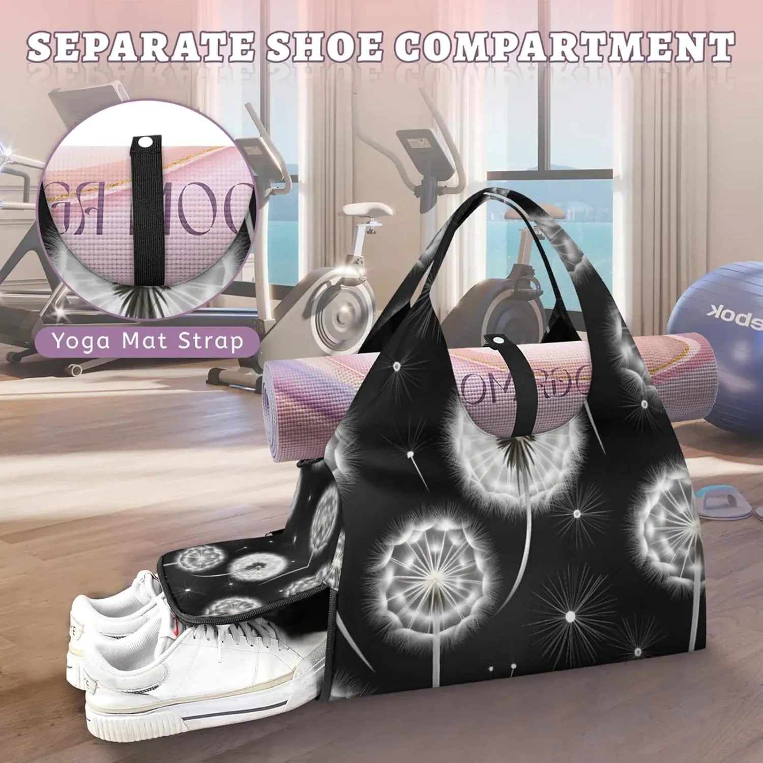 Gym Bag for Women Dandelions Flying Duffel Bag with Shoe Compartment and Yoga Mat Holder Portable Weekender Bags Travel Tote Bags