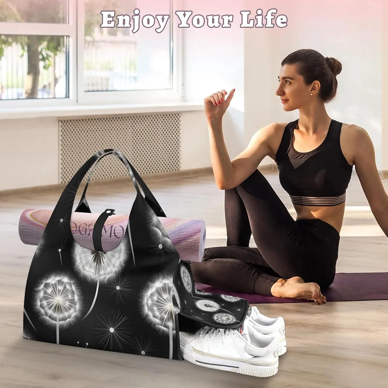Gym Bag for Women Dandelions Flying Duffel Bag with Shoe Compartment and Yoga Mat Holder Portable Weekender Bags Travel Tote Bags