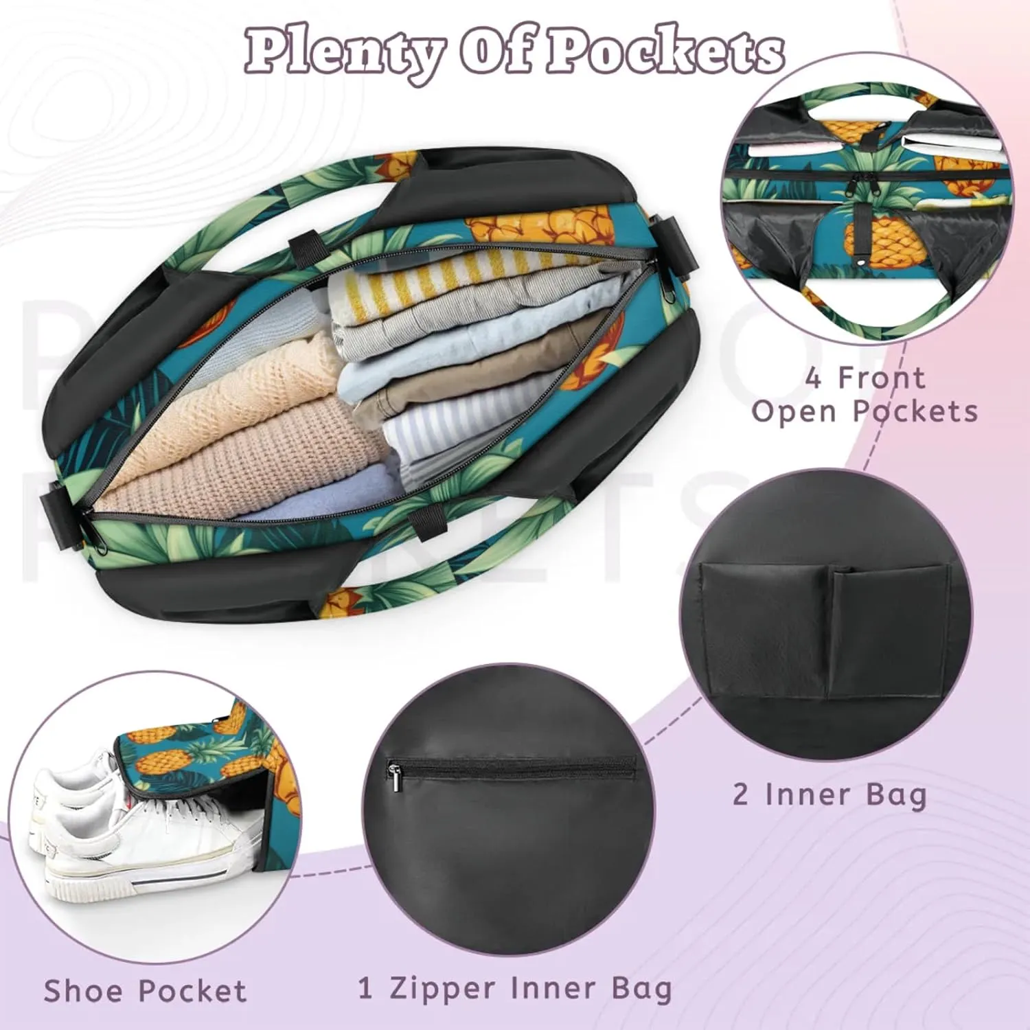 Gym Bag for Women Delicious Pineapple Duffel Bag with Shoe Compartment and Yoga Mat Holder Portable Weekender Bags Travel Tote Bags