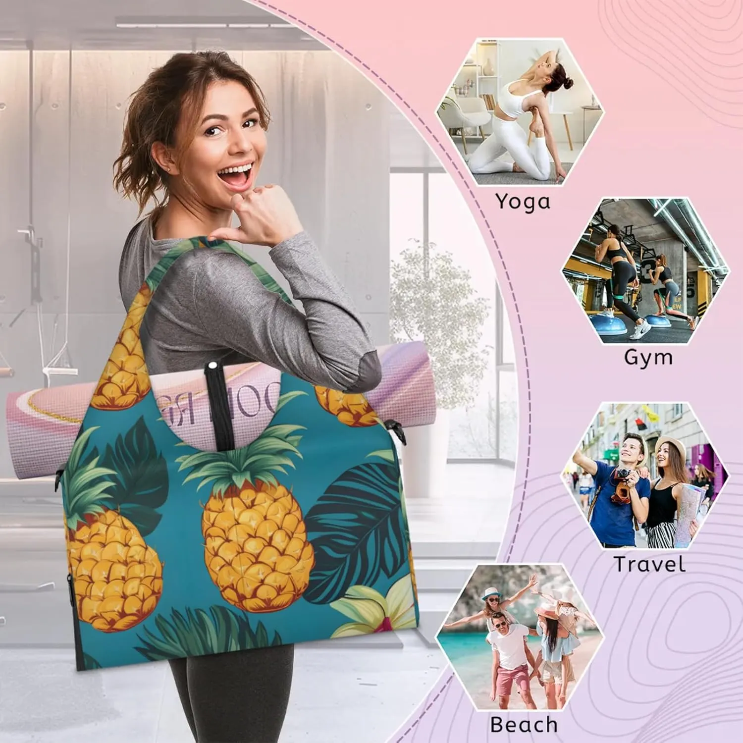 Gym Bag for Women Delicious Pineapple Duffel Bag with Shoe Compartment and Yoga Mat Holder Portable Weekender Bags Travel Tote Bags