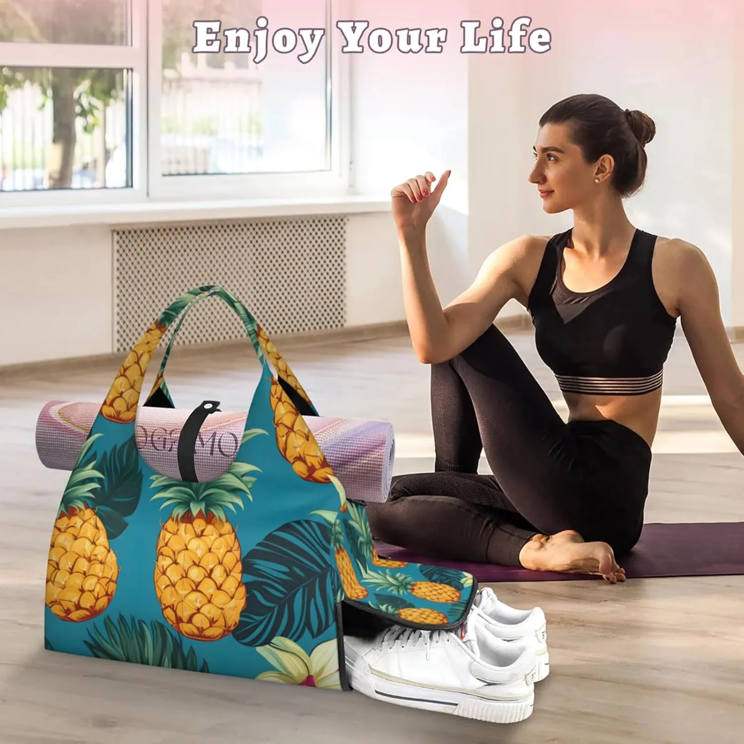 Gym Bag for Women Delicious Pineapple Duffel Bag with Shoe Compartment and Yoga Mat Holder Portable Weekender Bags Travel Tote Bags
