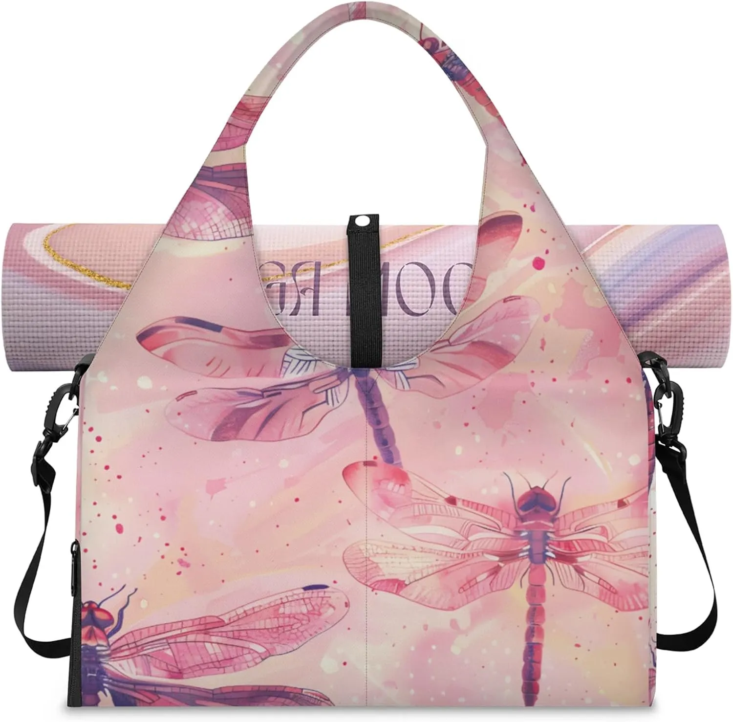 Gym Bag for Women Dragonfly Themed Duffel Bag with Shoe Compartment and Yoga Mat Holder Portable Weekender Bags Travel Tote Bags