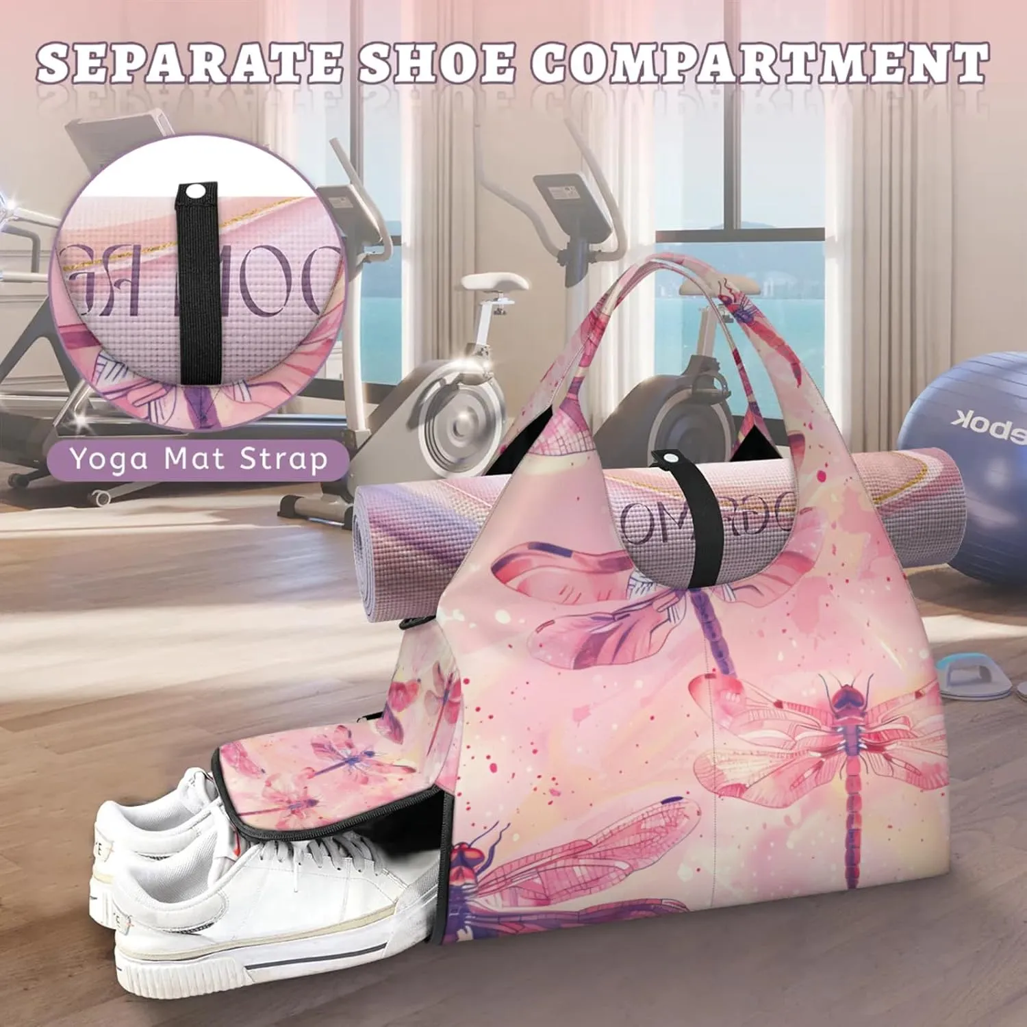 Gym Bag for Women Dragonfly Themed Duffel Bag with Shoe Compartment and Yoga Mat Holder Portable Weekender Bags Travel Tote Bags
