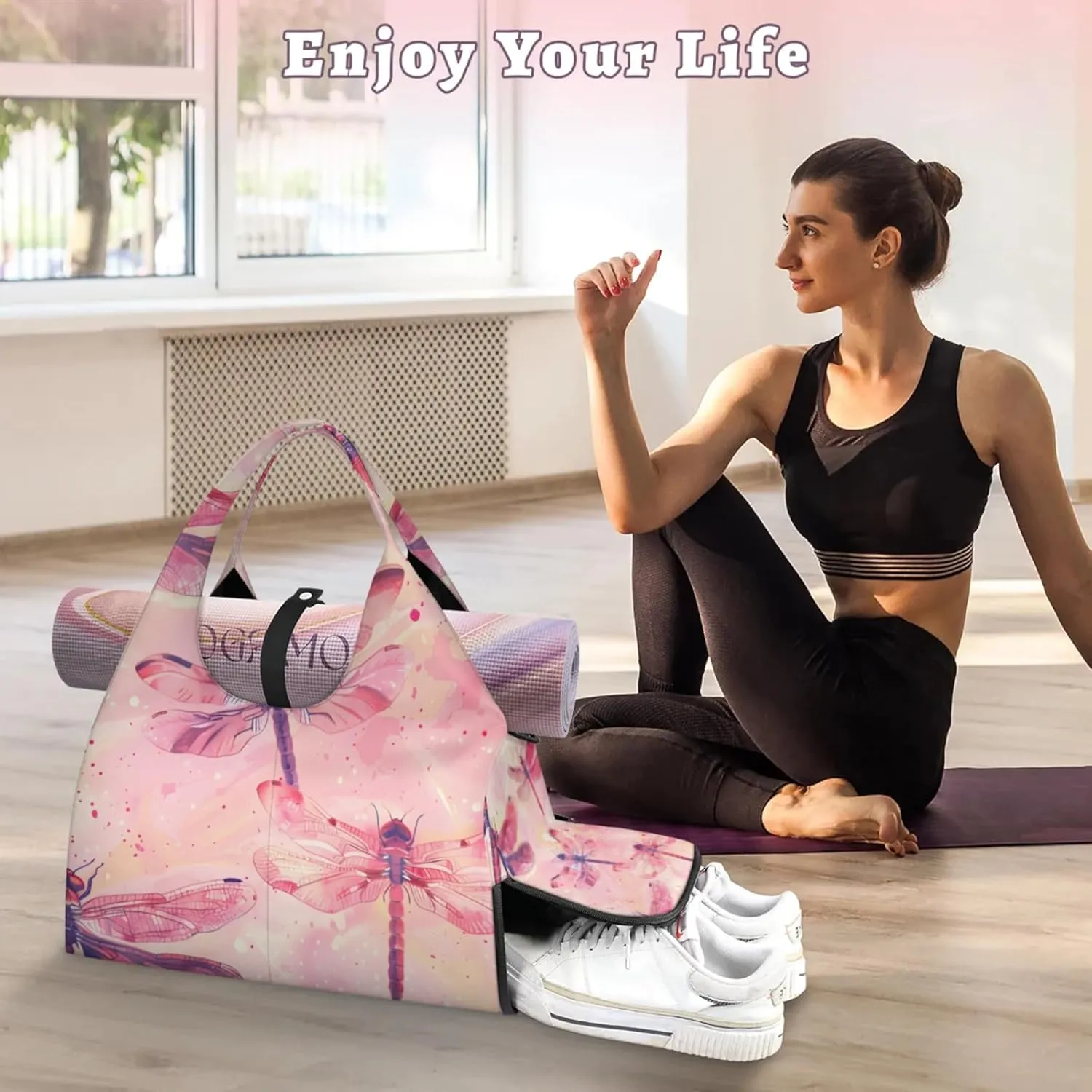 Gym Bag for Women Dragonfly Themed Duffel Bag with Shoe Compartment and Yoga Mat Holder Portable Weekender Bags Travel Tote Bags