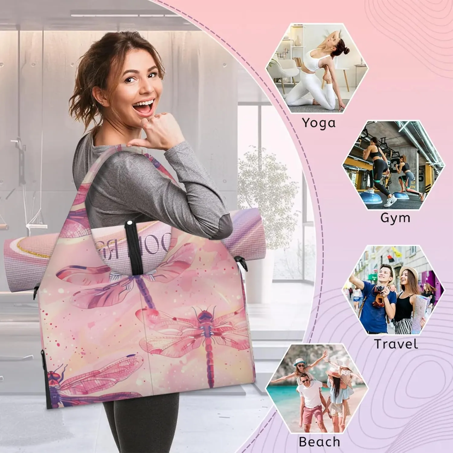 Gym Bag for Women Dragonfly Themed Duffel Bag with Shoe Compartment and Yoga Mat Holder Portable Weekender Bags Travel Tote Bags
