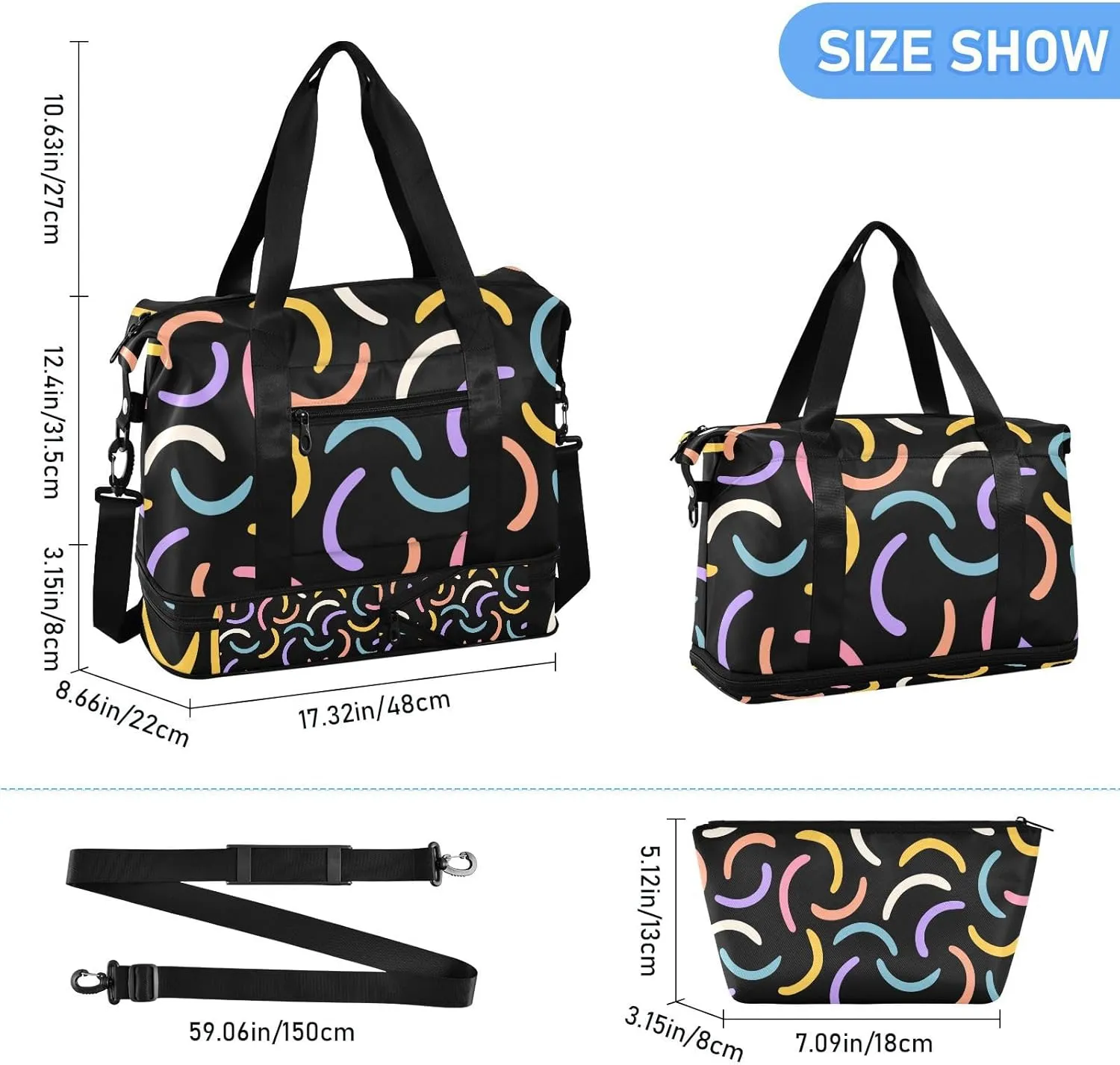 Gym Bag for Women Duffel Bags for Traveling Sports Bag with Shoe Compartment Dual Handles Removable Strap Multi Pockets Large Capacity Fashionable Abstract Black