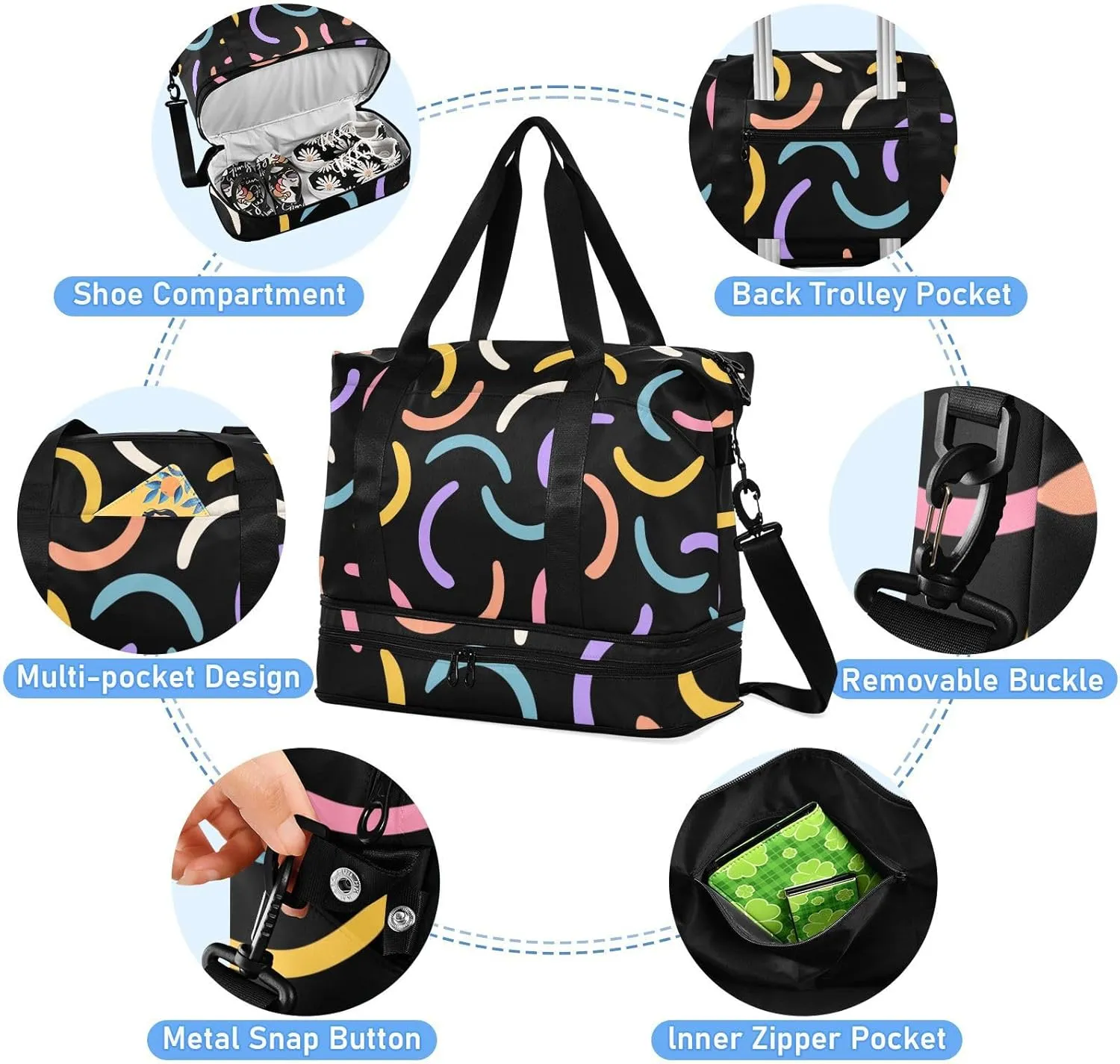 Gym Bag for Women Duffel Bags for Traveling Sports Bag with Shoe Compartment Dual Handles Removable Strap Multi Pockets Large Capacity Fashionable Abstract Black