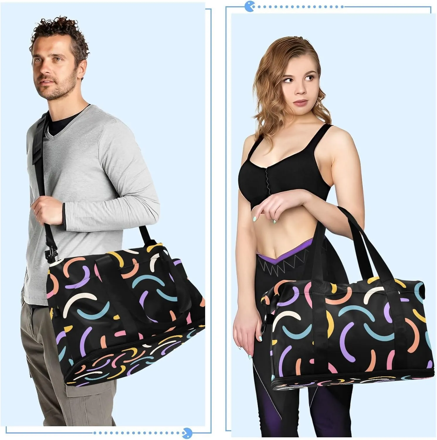 Gym Bag for Women Duffel Bags for Traveling Sports Bag with Shoe Compartment Dual Handles Removable Strap Multi Pockets Large Capacity Fashionable Abstract Black