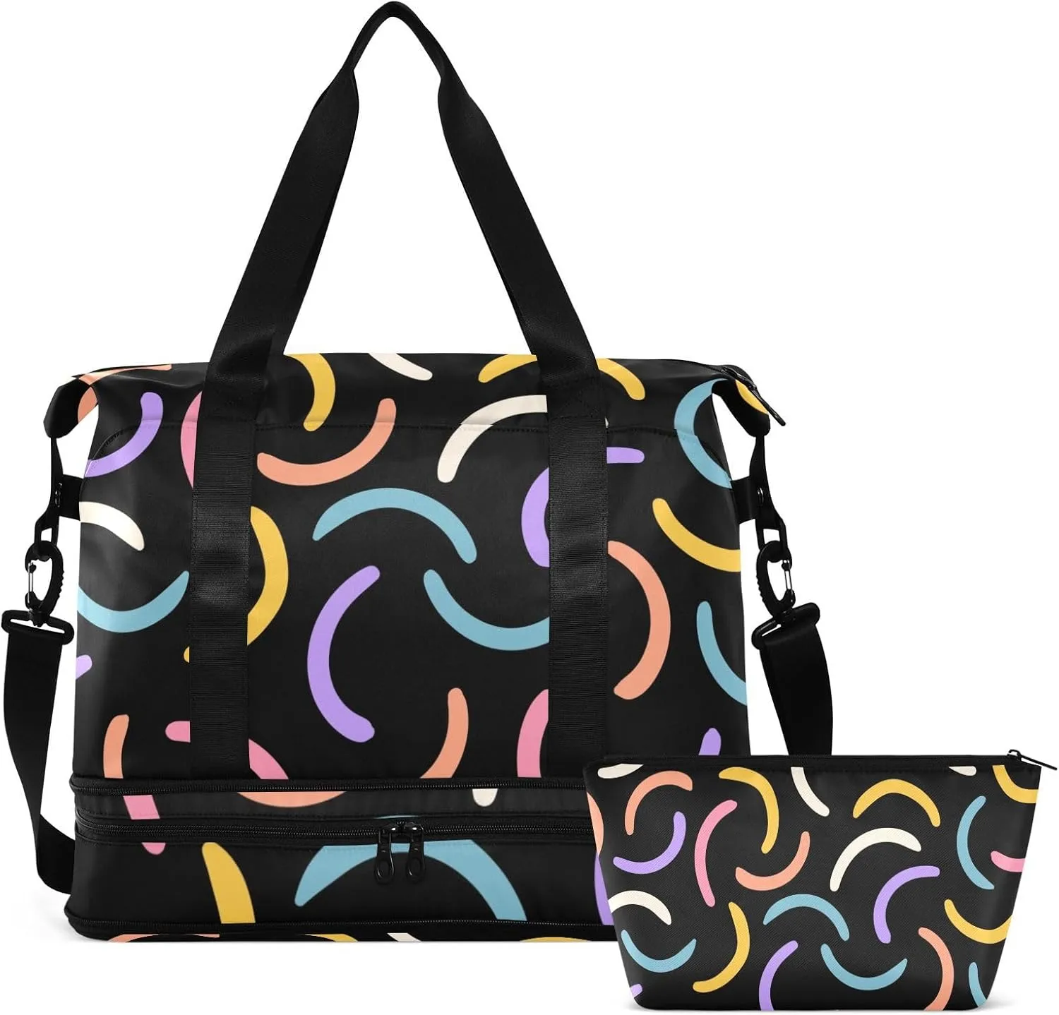 Gym Bag for Women Duffel Bags for Traveling Sports Bag with Shoe Compartment Dual Handles Removable Strap Multi Pockets Large Capacity Fashionable Abstract Black